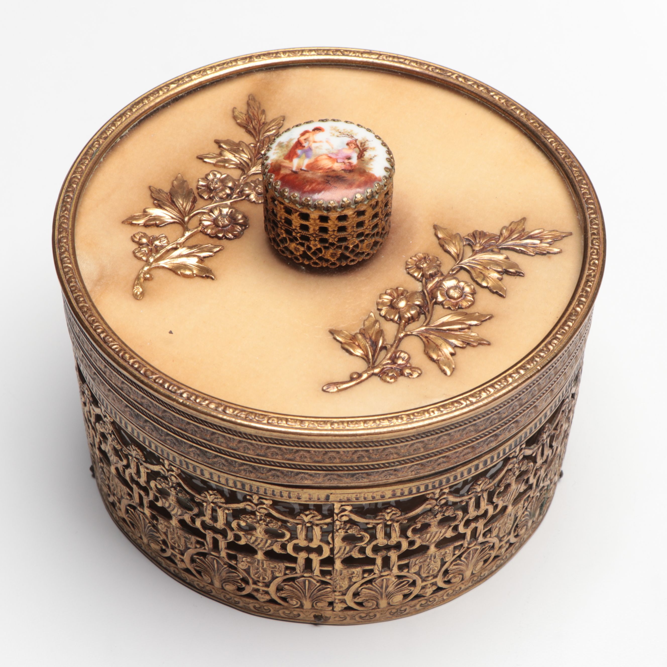 Ornate Brass Hand Mirror with Porcelain Portrait Plaque and More