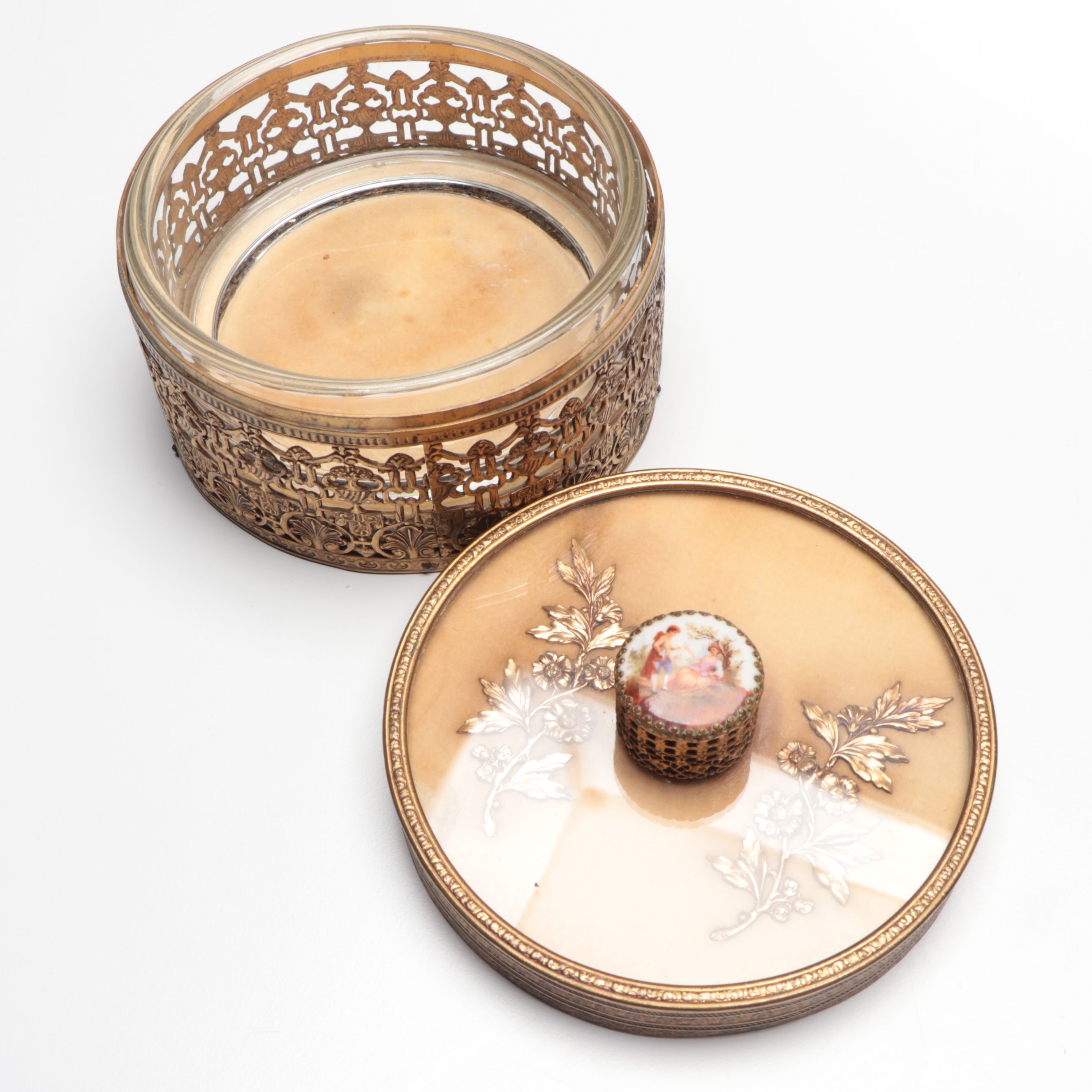 Ornate Brass Hand Mirror with Porcelain Portrait Plaque and More