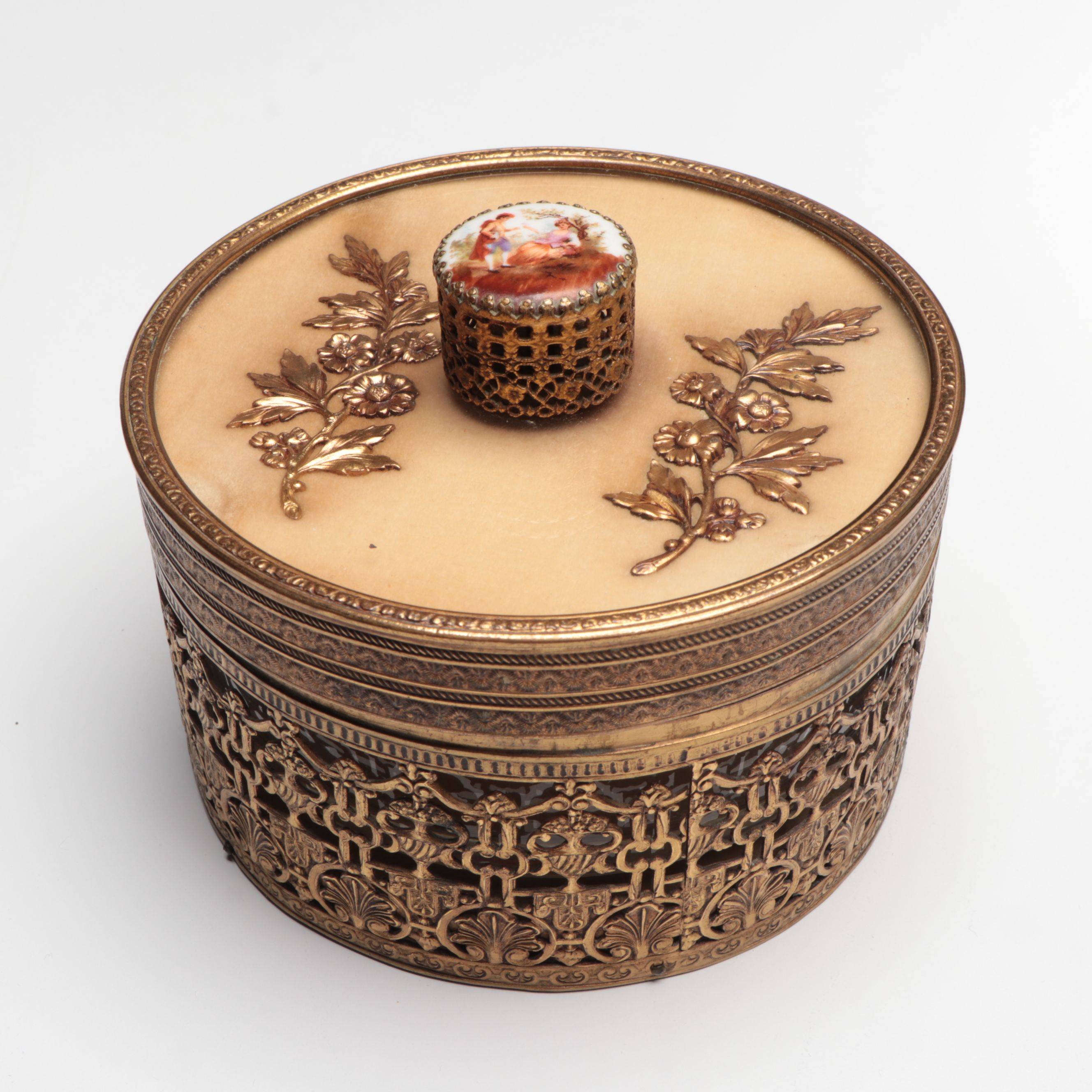 Ornate Brass Hand Mirror with Porcelain Portrait Plaque and More