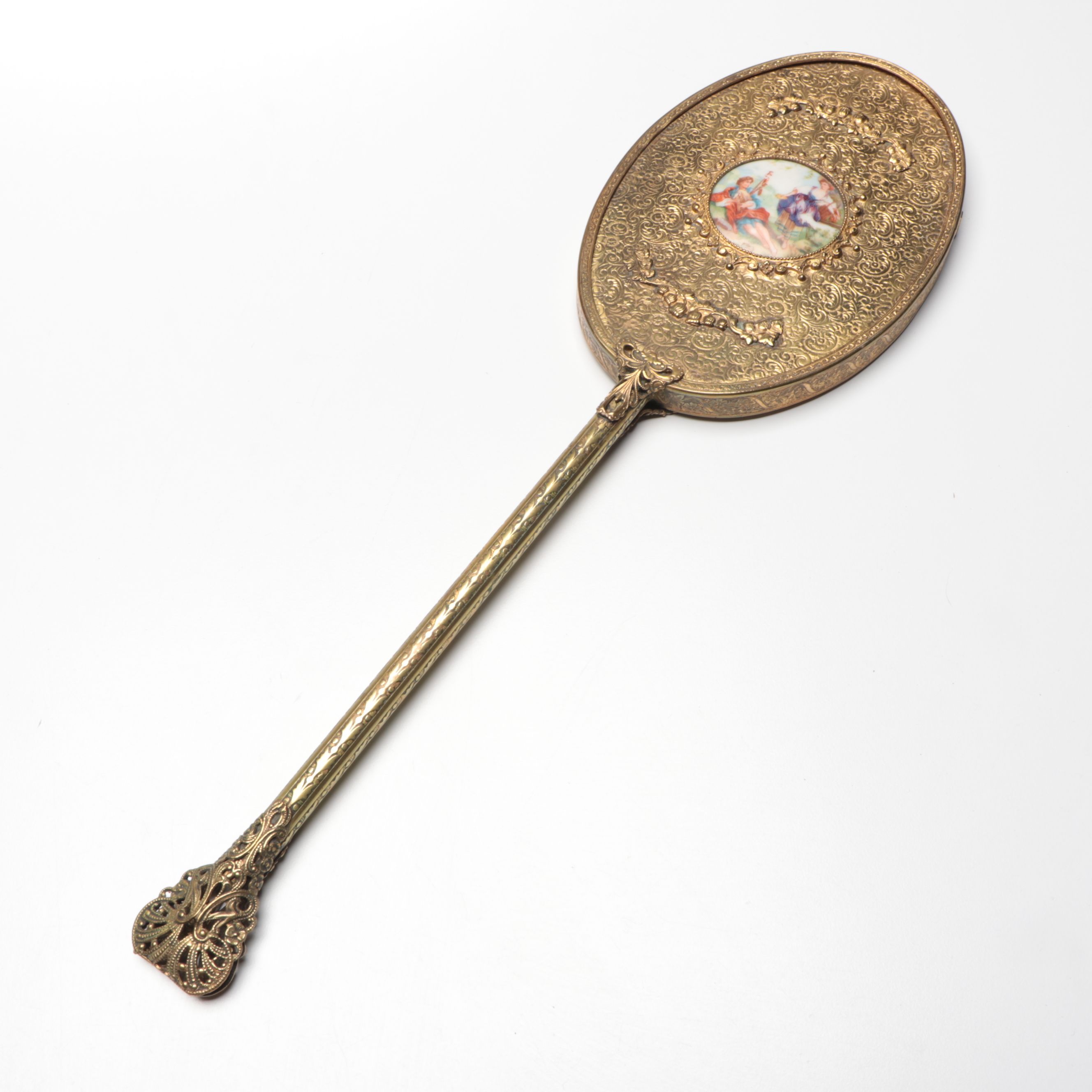 Ornate Brass Hand Mirror with Porcelain Portrait Plaque and More