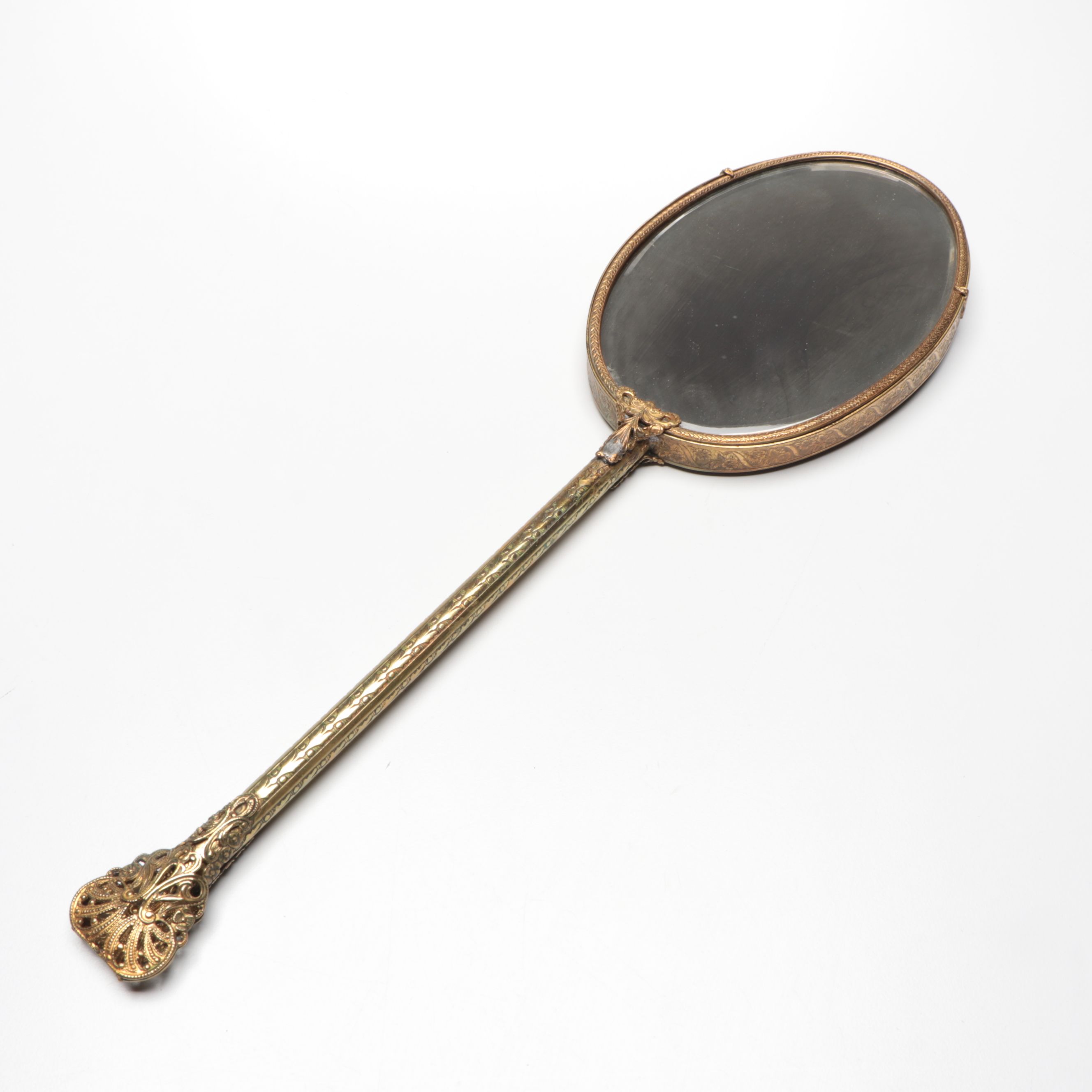 Ornate Brass Hand Mirror with Porcelain Portrait Plaque and More