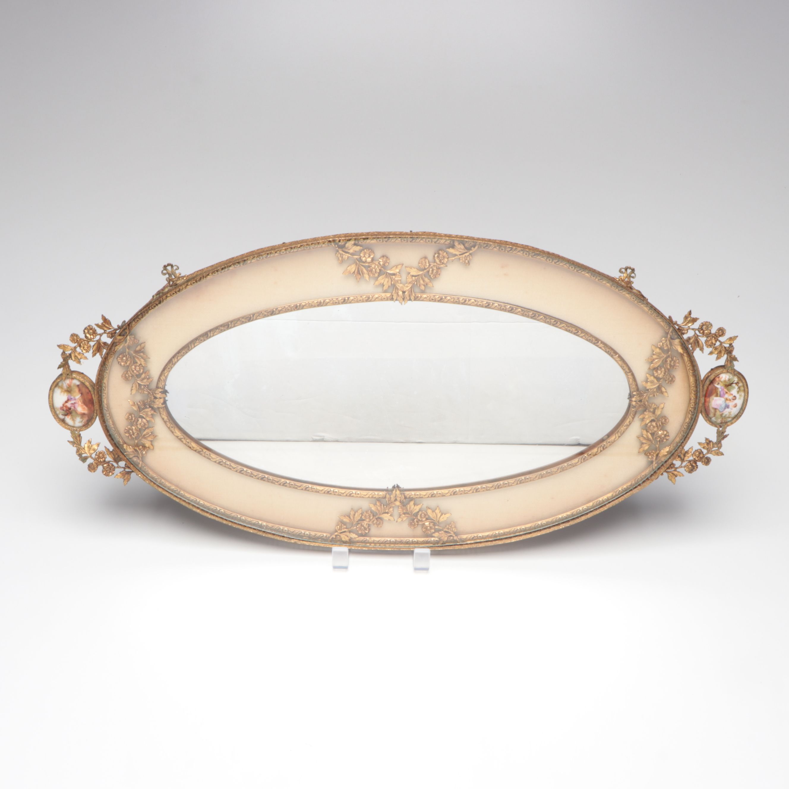 Ornate Brass Hand Mirror with Porcelain Portrait Plaque and More