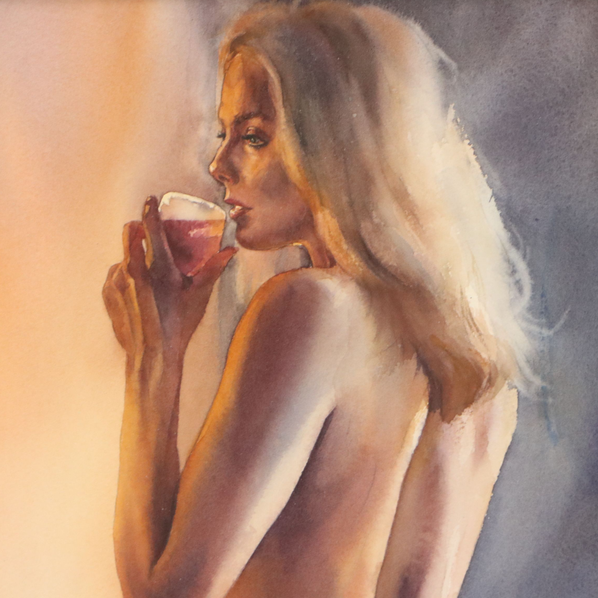 Watercolor Painting of Nude Woman Drinking Wine, 2020