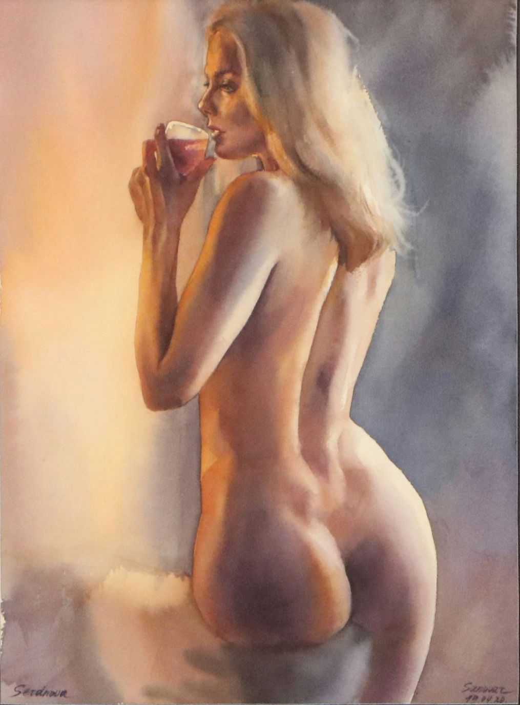 Watercolor Painting of Nude Woman Drinking Wine, 2020