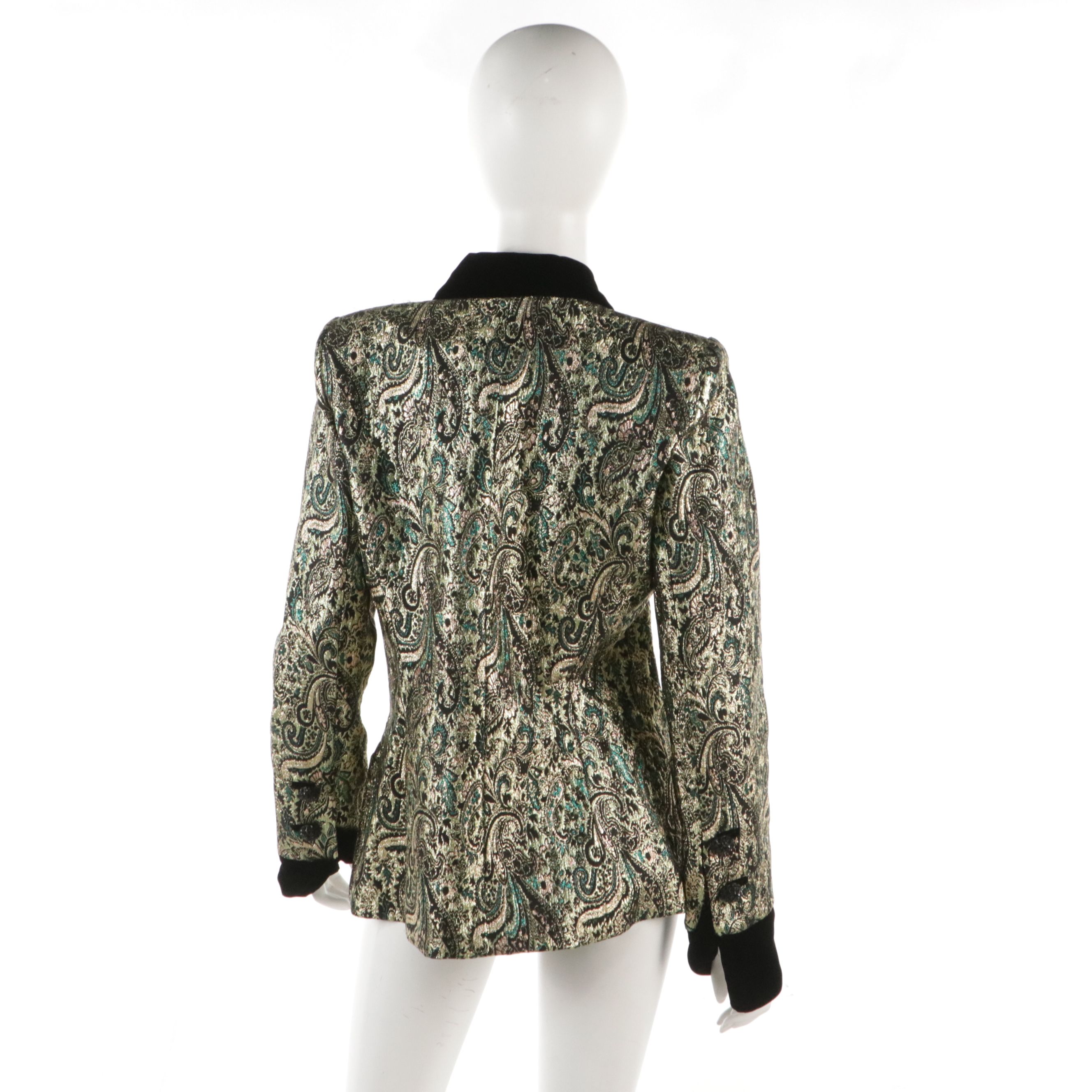 Victor Costa Metallic Paisley Double Breasted Jacket with Black Velvet Trim