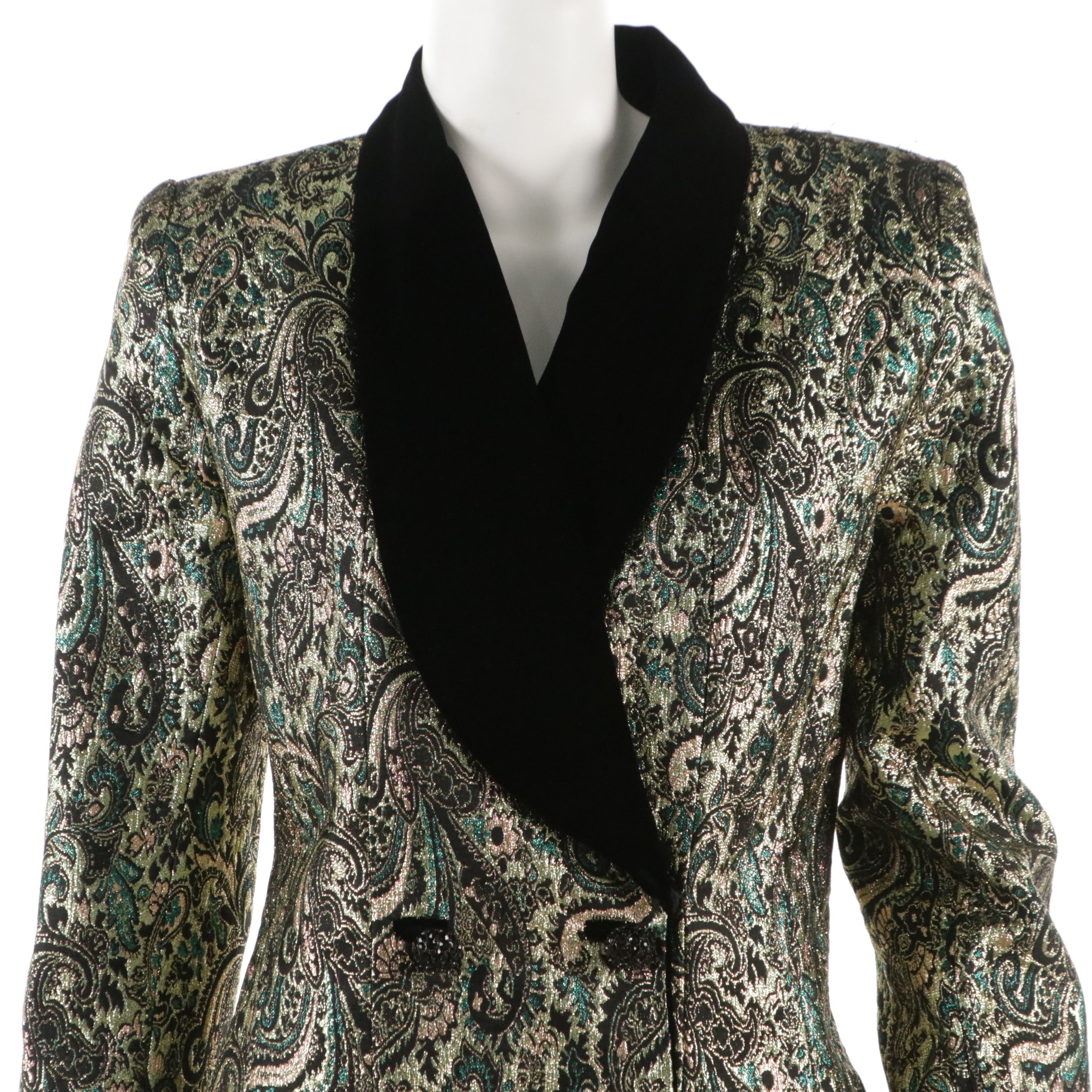 Victor Costa Metallic Paisley Double Breasted Jacket with Black Velvet Trim