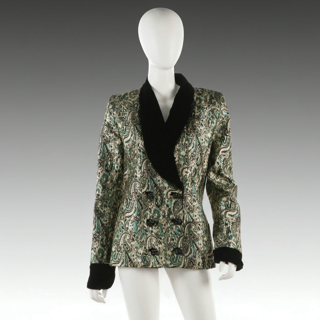 Victor Costa Metallic Paisley Double Breasted Jacket with Black Velvet Trim