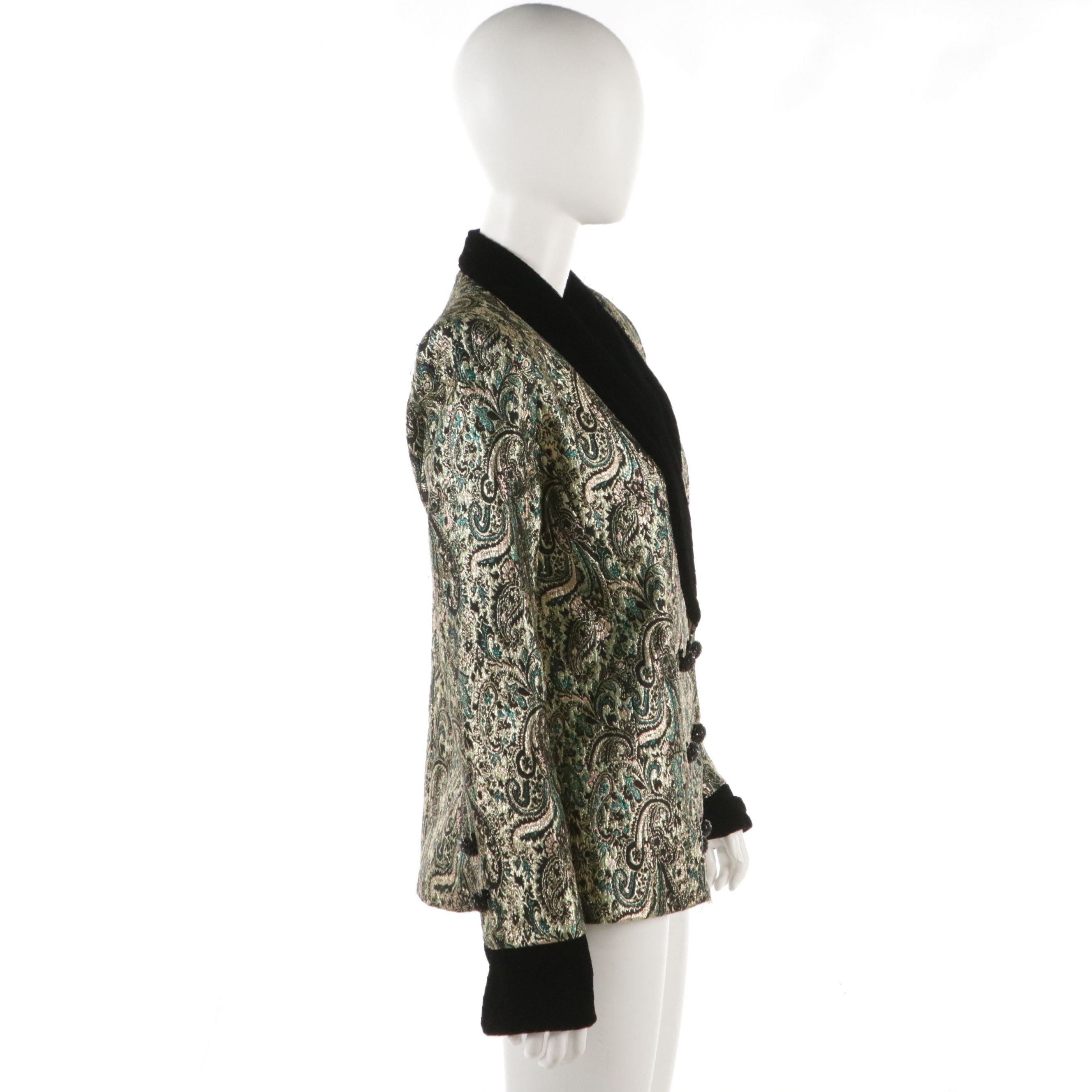 Victor Costa Metallic Paisley Double Breasted Jacket with Black Velvet Trim
