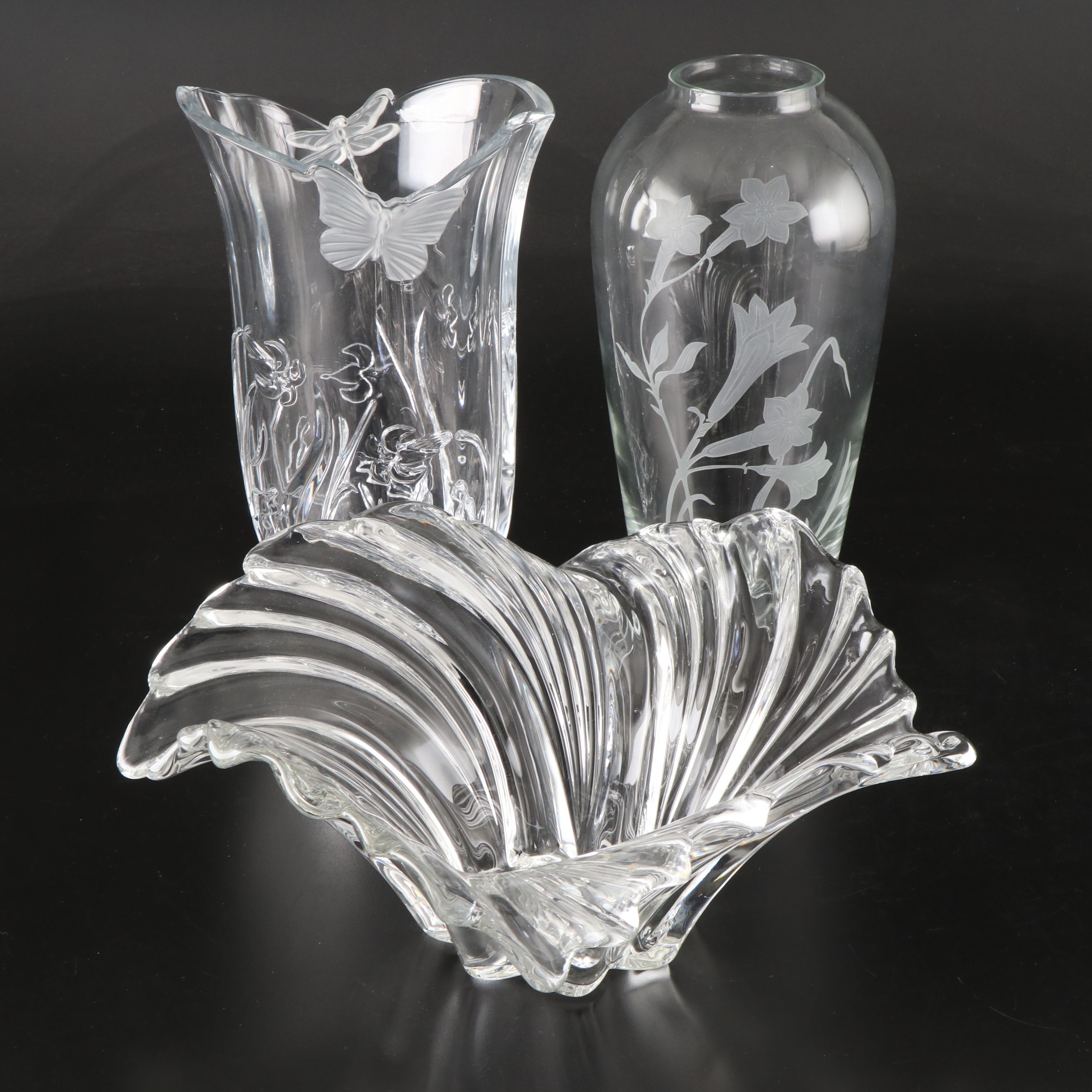 Godinger "Butterfly" with Gorham "Floral Serenity" Crystal Vase and Other Bowl