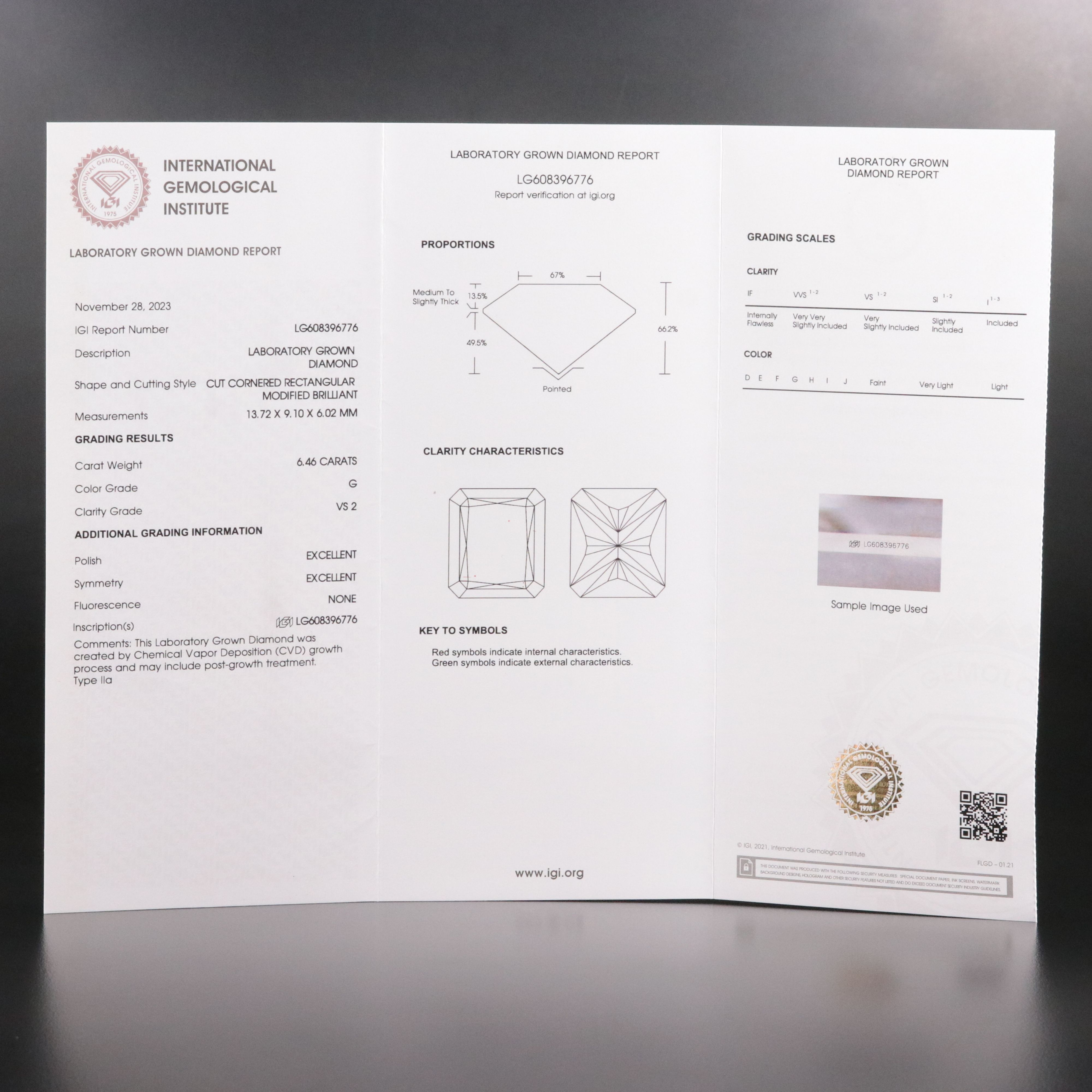 Loose 6.46 CT Lab Grown Diamond with IGI Report