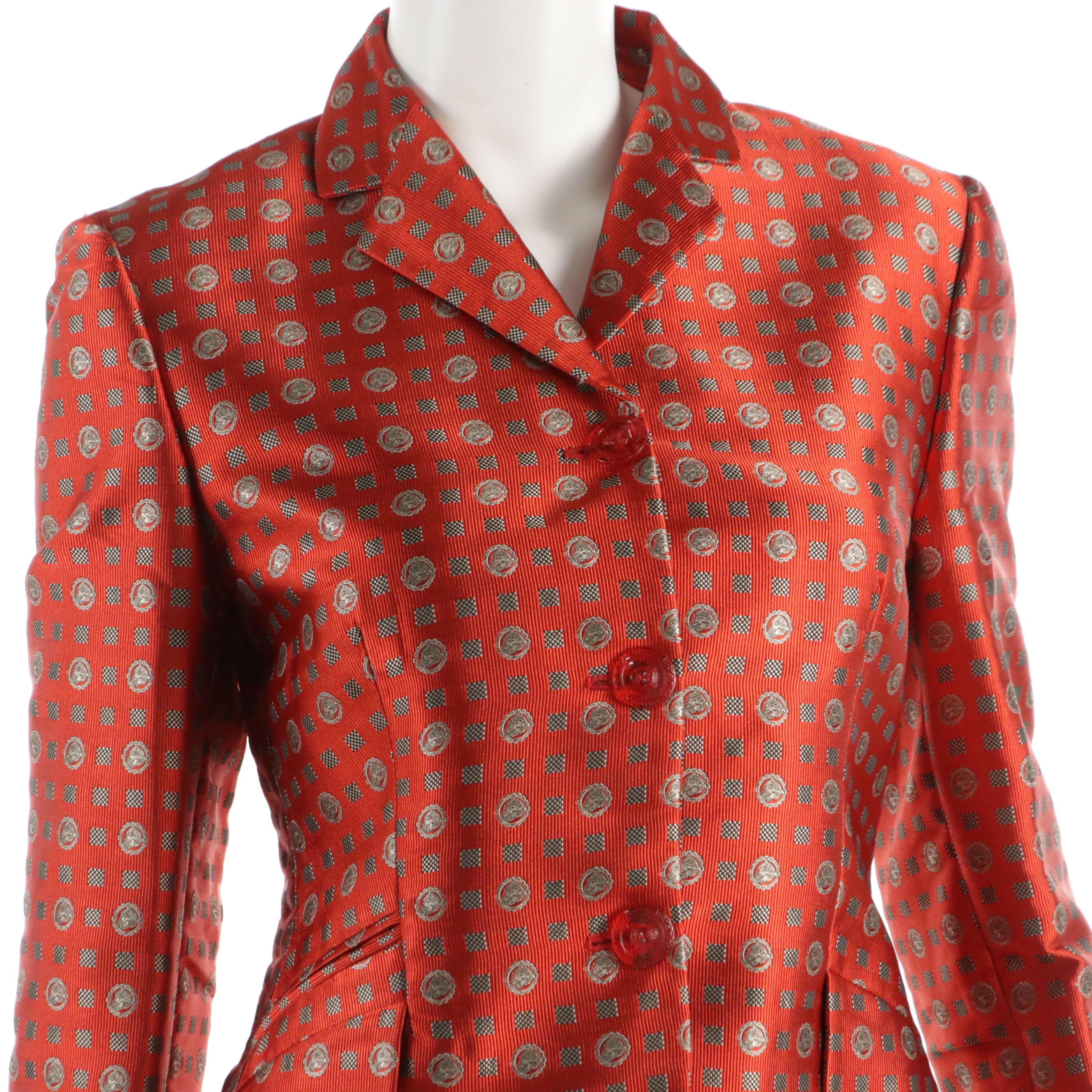 Istante by Versace Miniskirt Suit in Red Patterned Jacquard Silk Blend