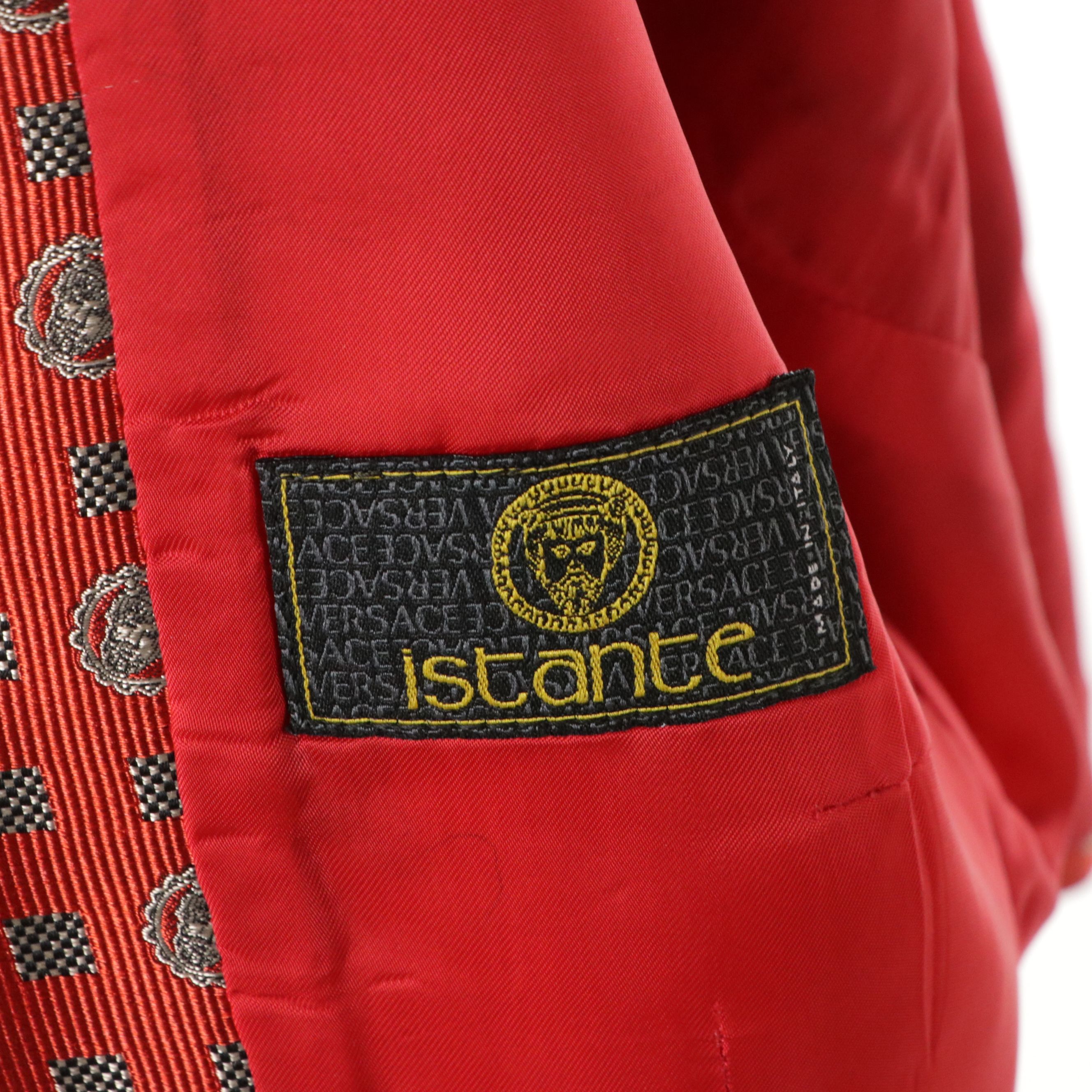 Istante by Versace Miniskirt Suit in Red Patterned Jacquard Silk Blend