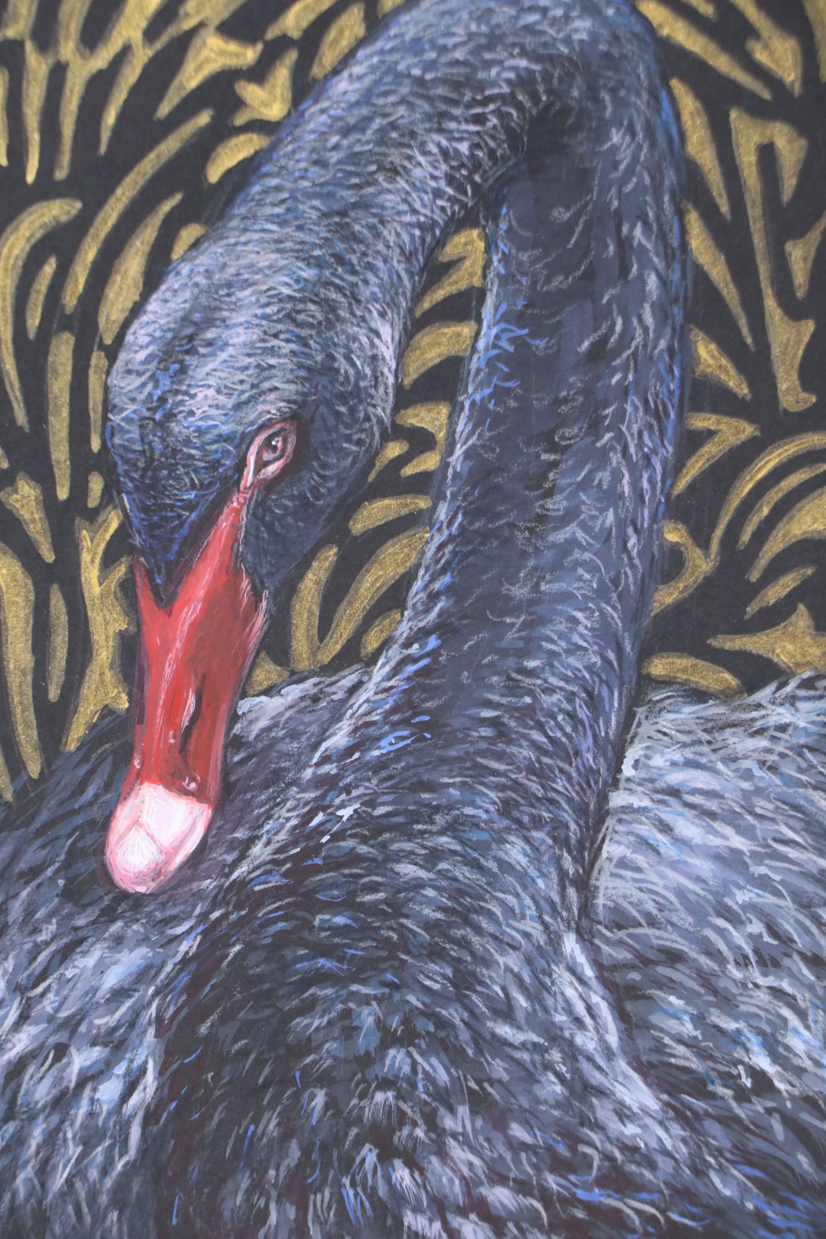 Stylized Mixed Media Drawing of Black Swan, 21st Century