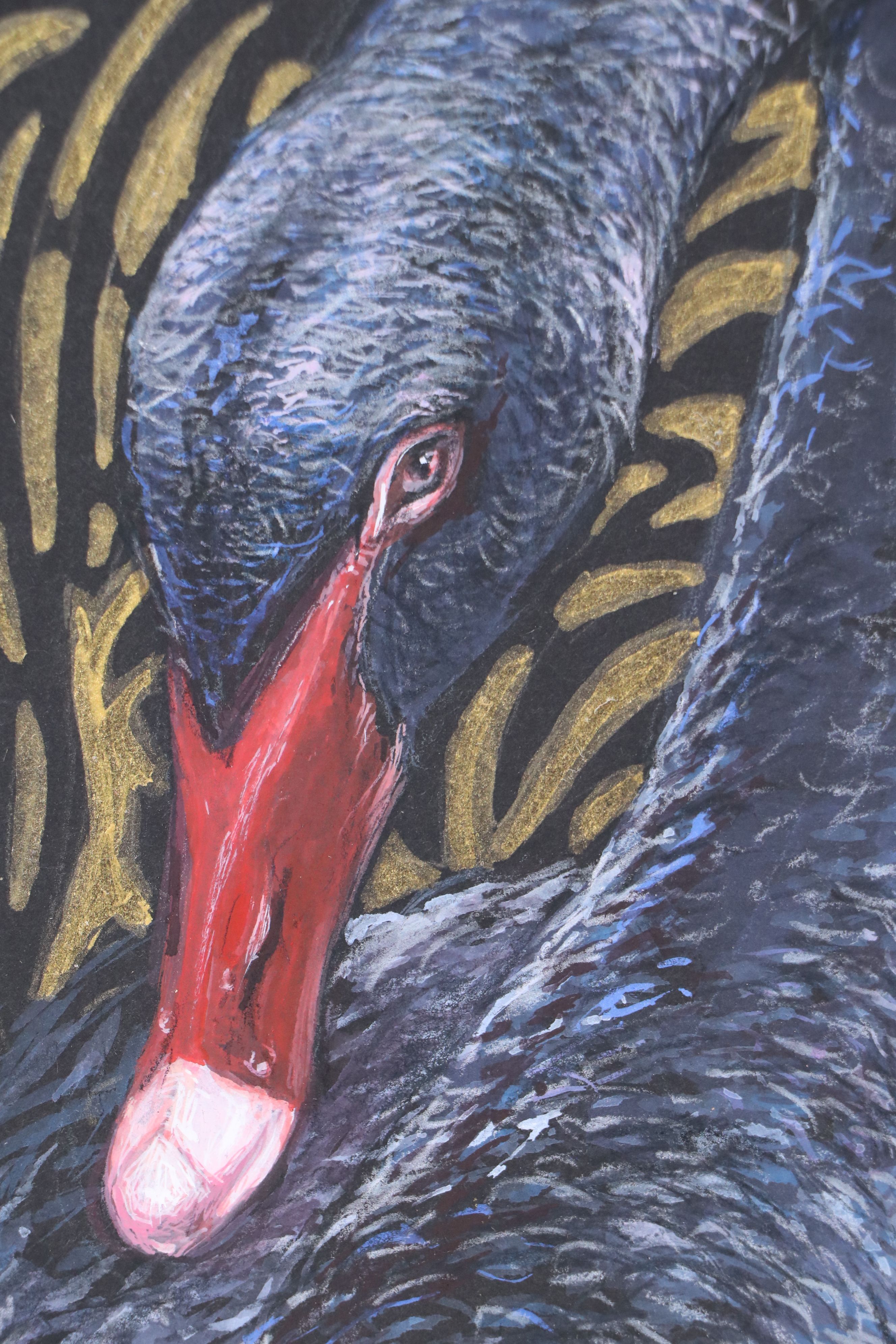 Stylized Mixed Media Drawing of Black Swan, 21st Century