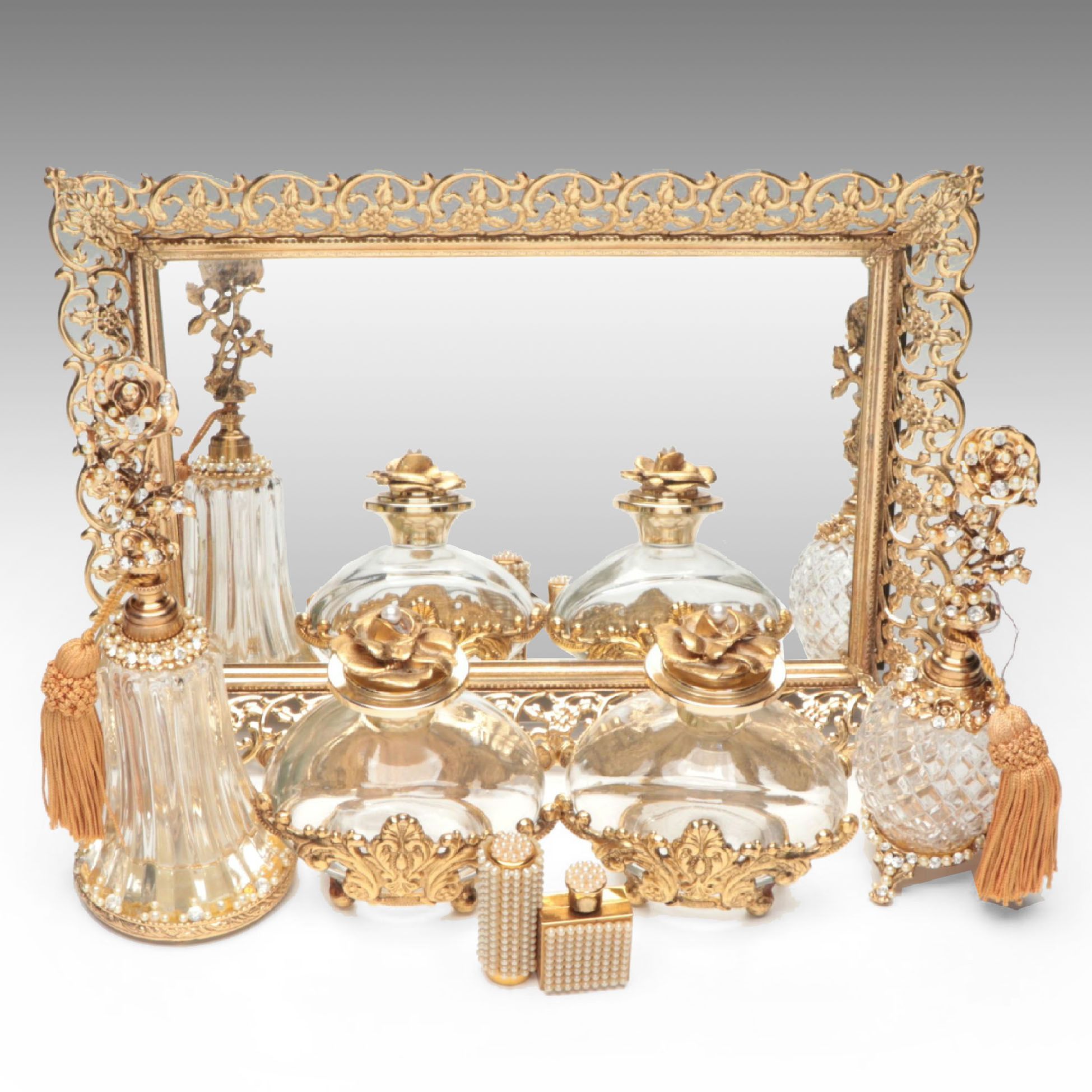 Rococo Style Ormolu Mount Glass Bottles with Mirrored Tray