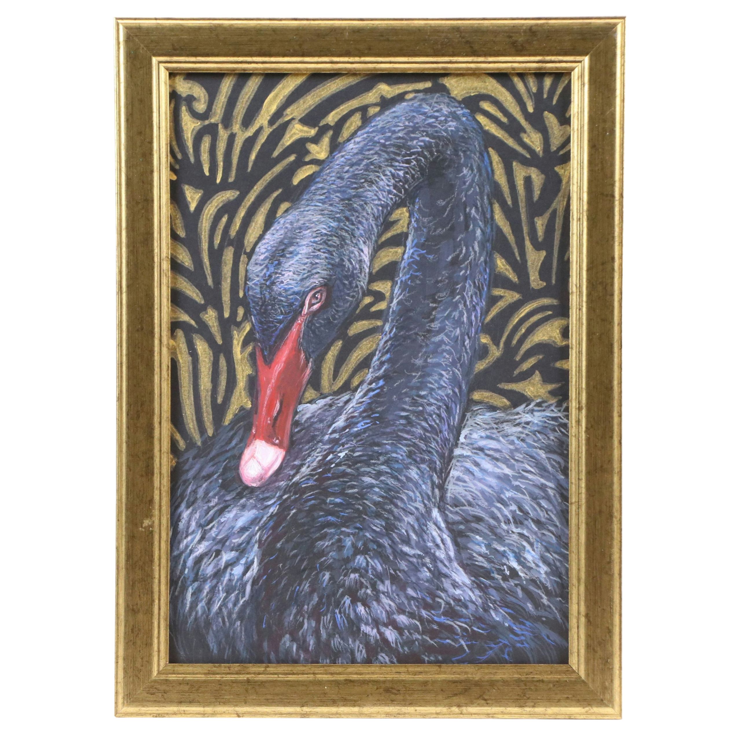 Stylized Mixed Media Drawing of Black Swan, 21st Century