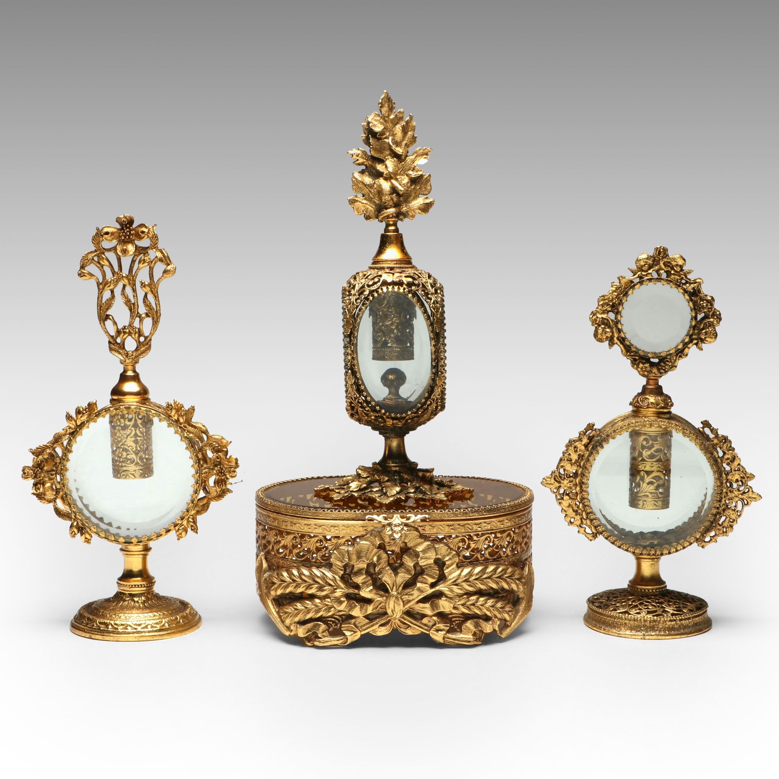 Gilt Metal Filigree and Beveled Glass Perfume Bottles with Jewelry Casket