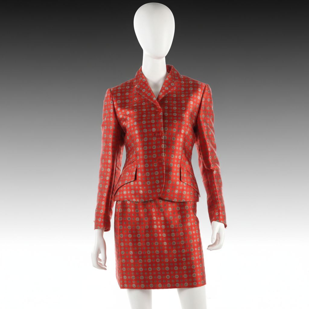 Istante by Versace Miniskirt Suit in Red Patterned Jacquard Silk Blend