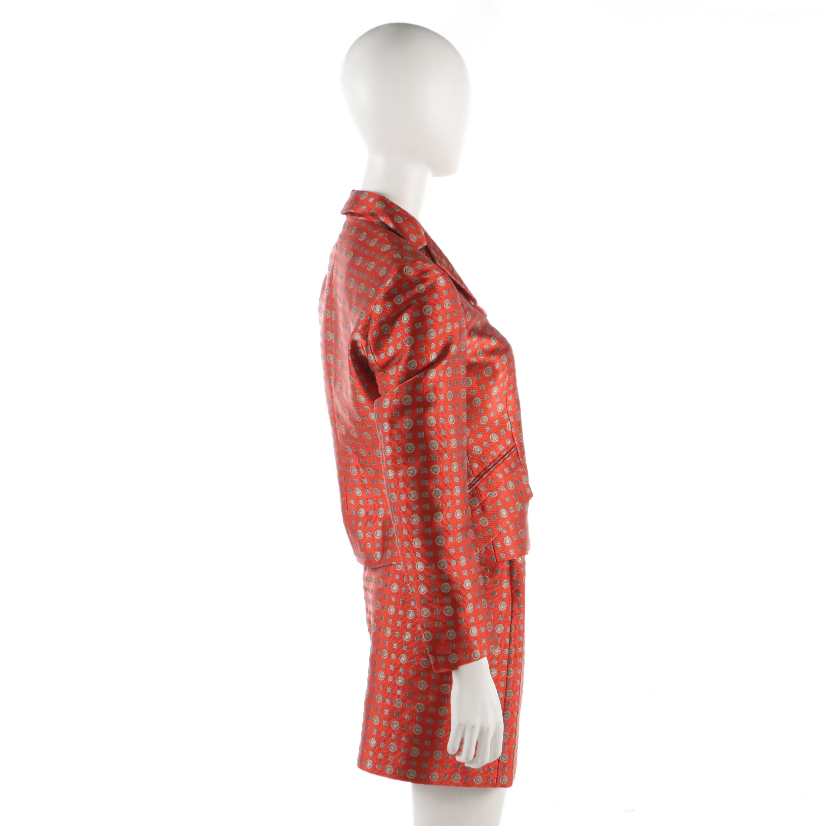 Istante by Versace Miniskirt Suit in Red Patterned Jacquard Silk Blend