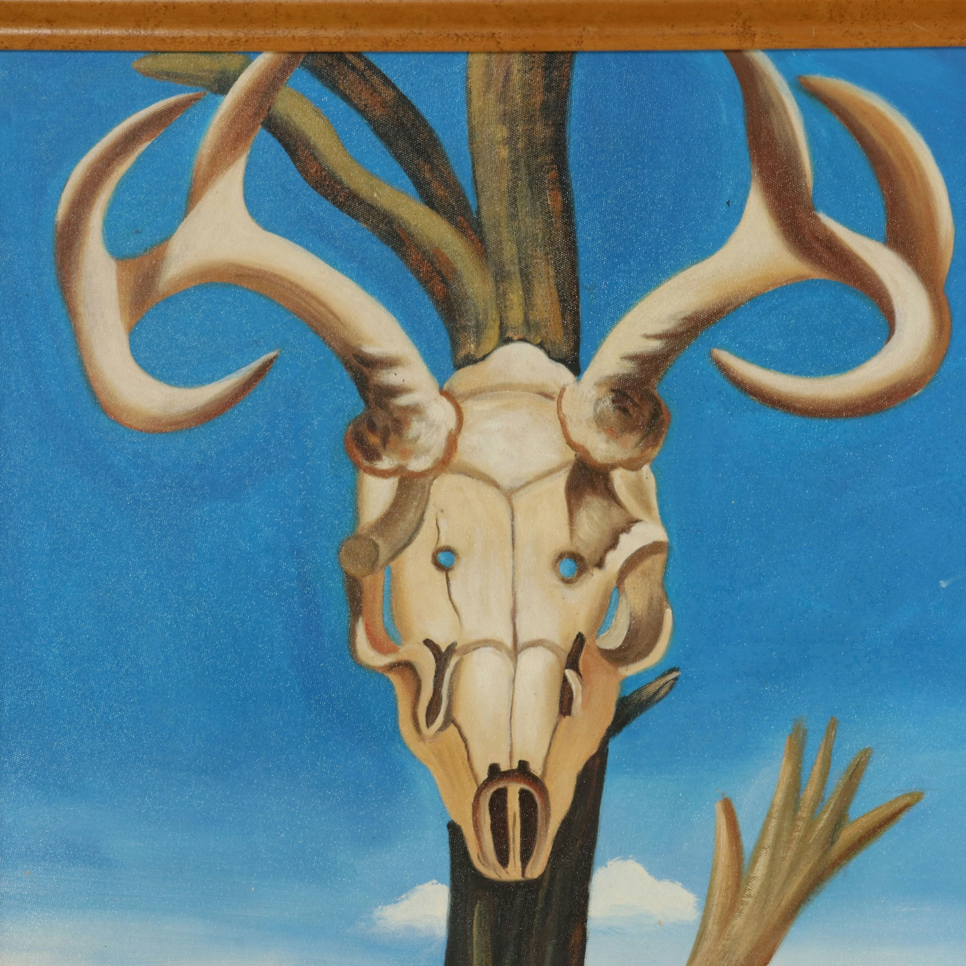 After Georgia O'Keeffe Oil Painting Copy "Deer Skull with Pedernal," 21st C.