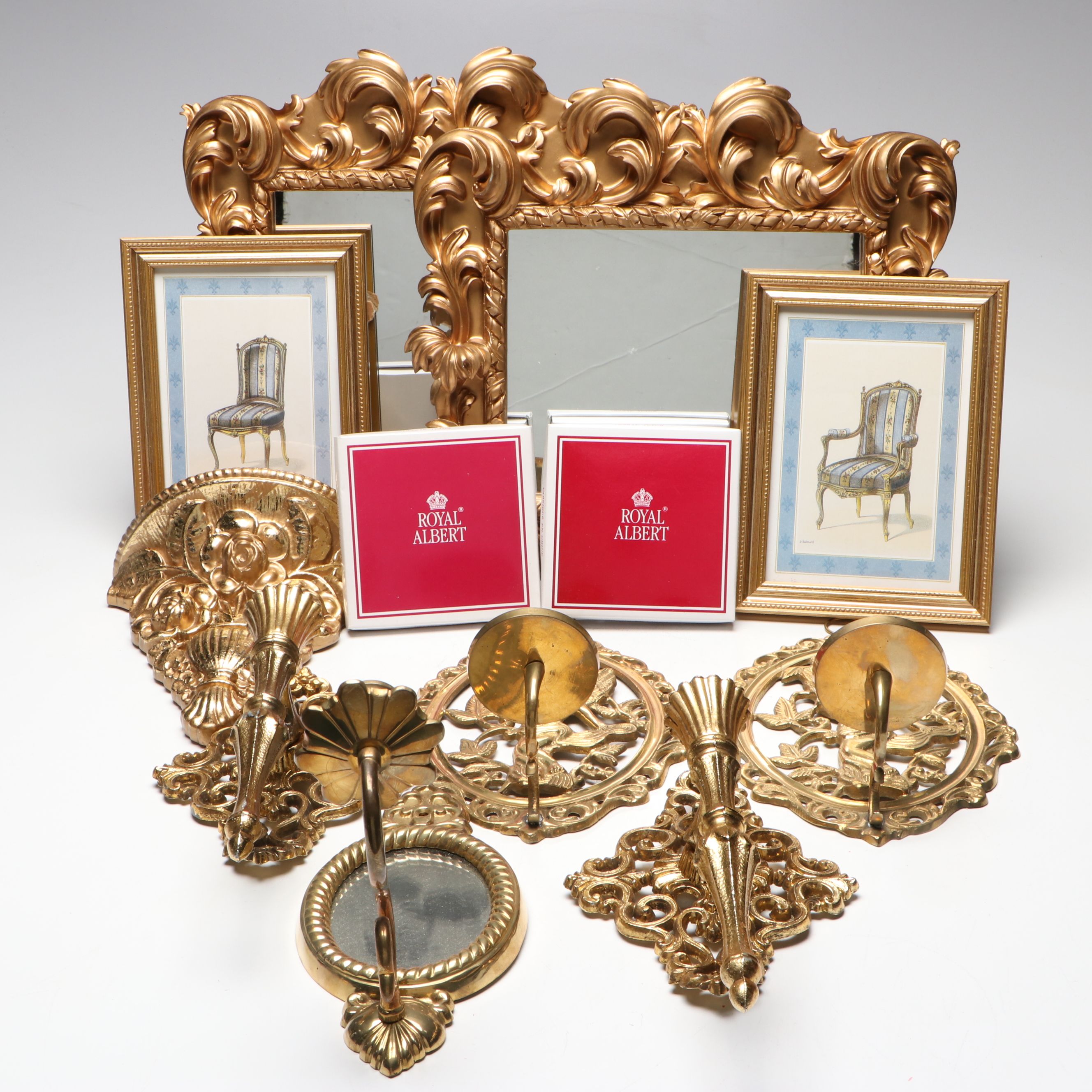 Victorian Style Brass Candle Wall Sconces with Other Wood and Ceramic Wall Décor