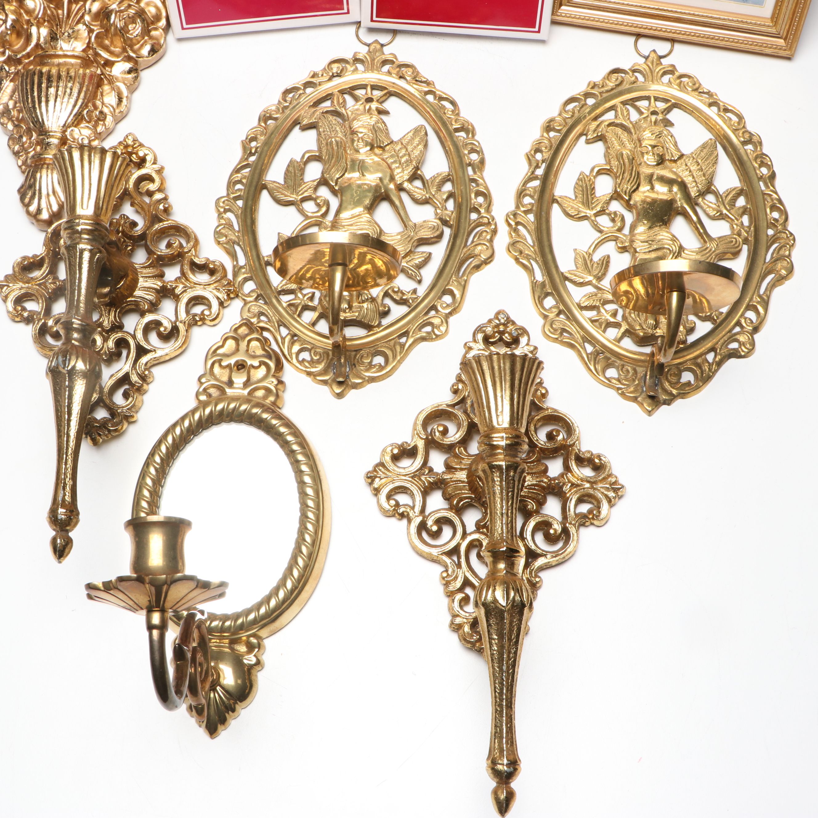 Victorian Style Brass Candle Wall Sconces with Other Wood and Ceramic Wall Décor