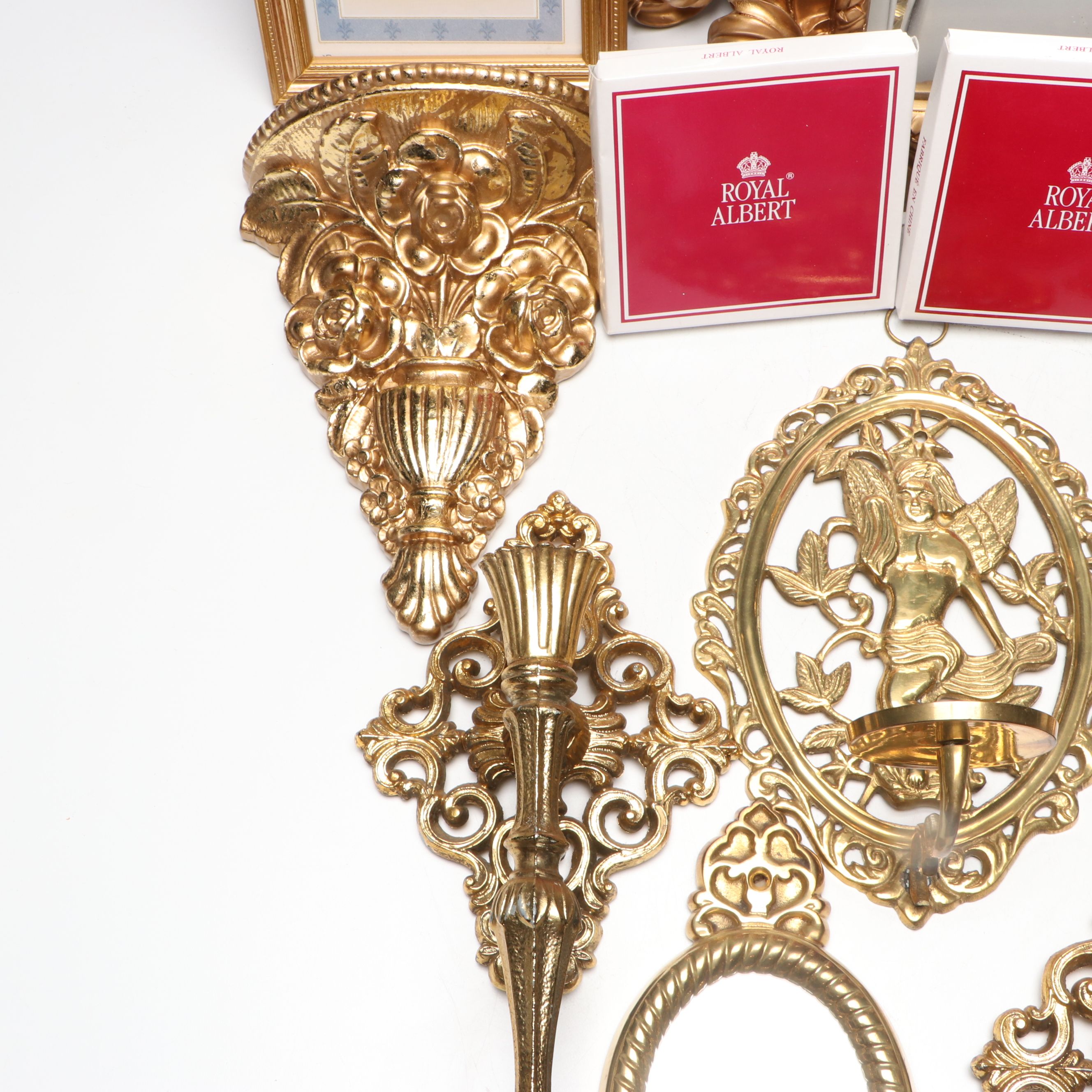 Victorian Style Brass Candle Wall Sconces with Other Wood and Ceramic Wall Décor