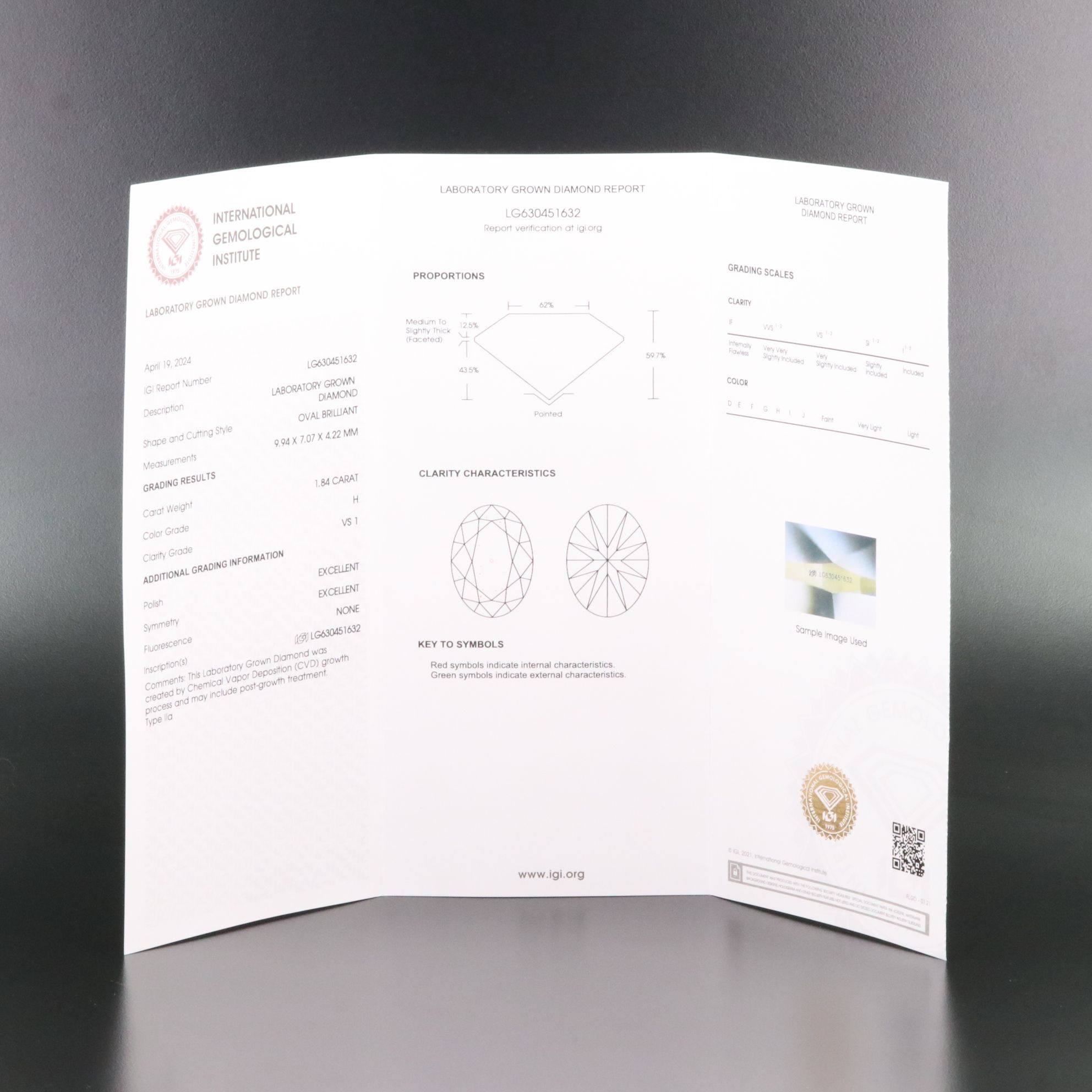 Loose 1.84 CT Lab Grown Diamond with IGI Report