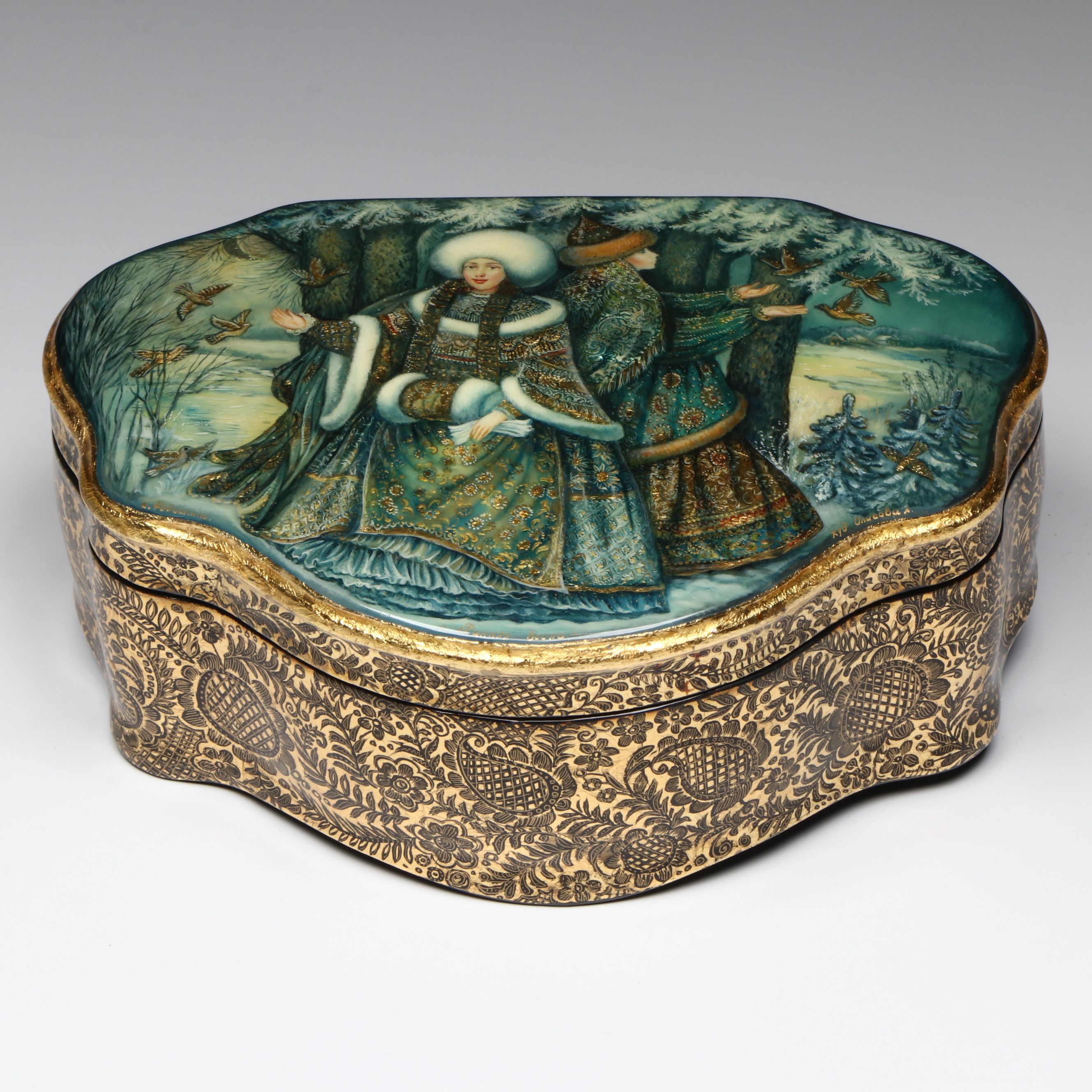 Russian Fedoskino Hand-Painted Woman with Birds Lacquerware Box