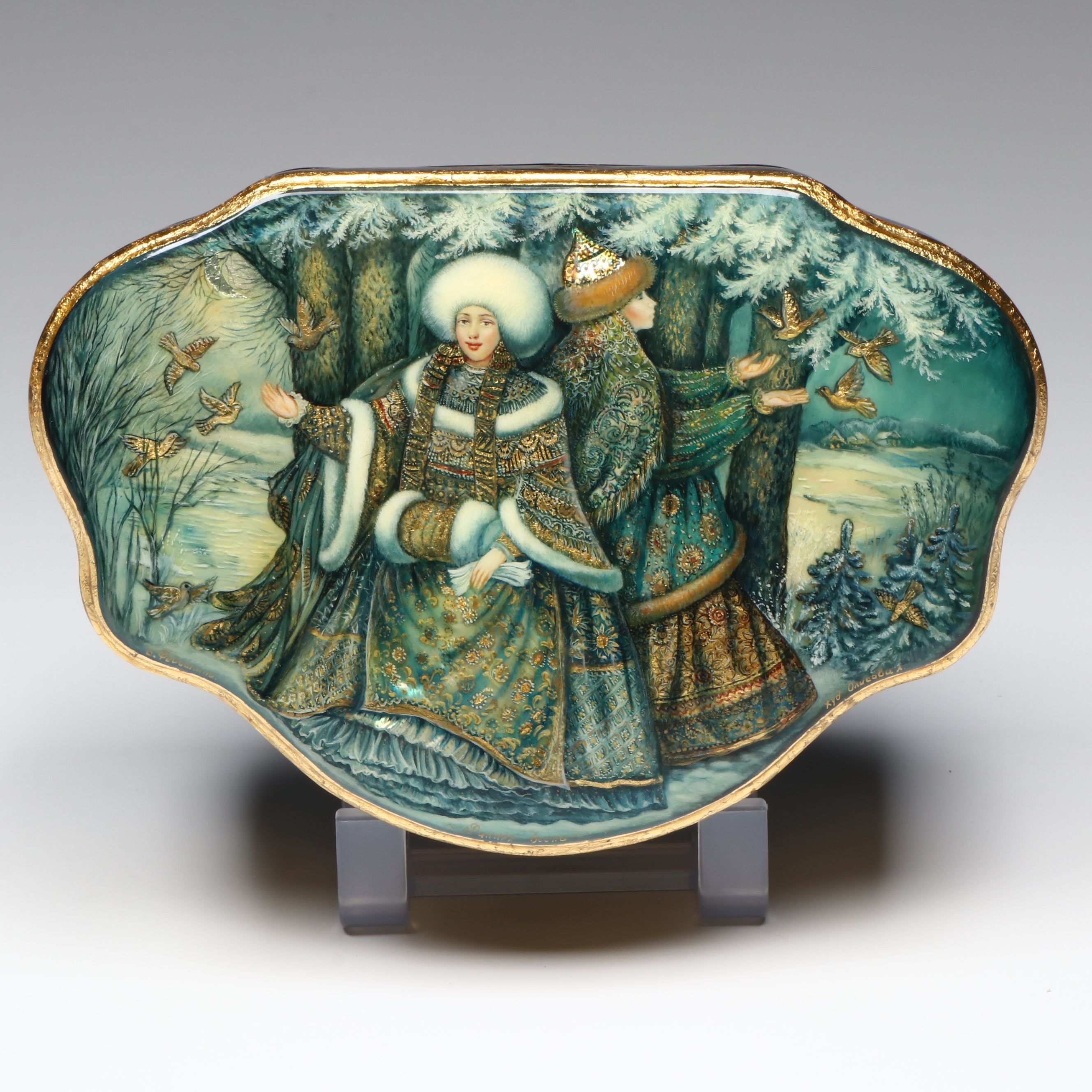 Russian Fedoskino Hand-Painted Woman with Birds Lacquerware Box