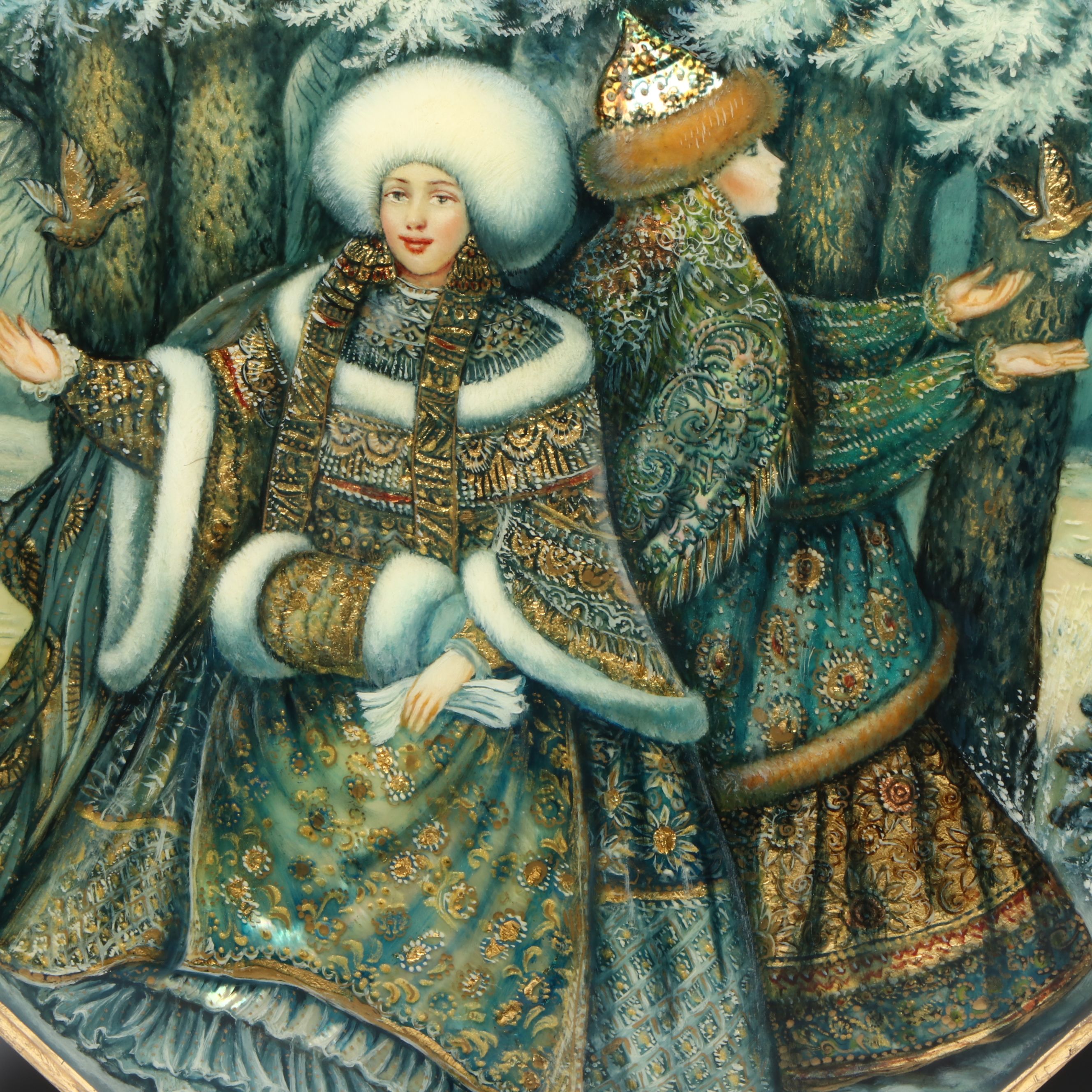 Russian Fedoskino Hand-Painted Woman with Birds Lacquerware Box