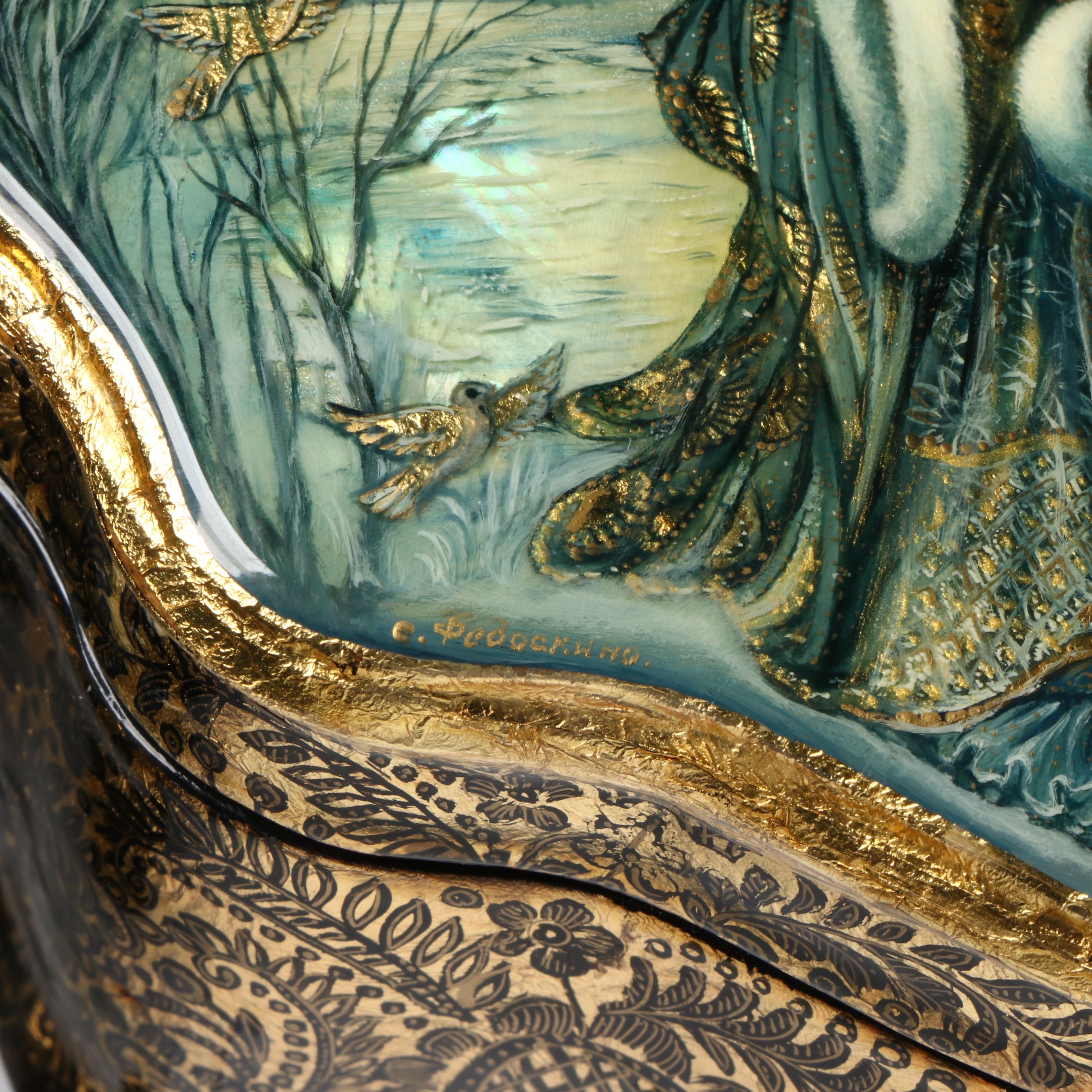 Russian Fedoskino Hand-Painted Woman with Birds Lacquerware Box
