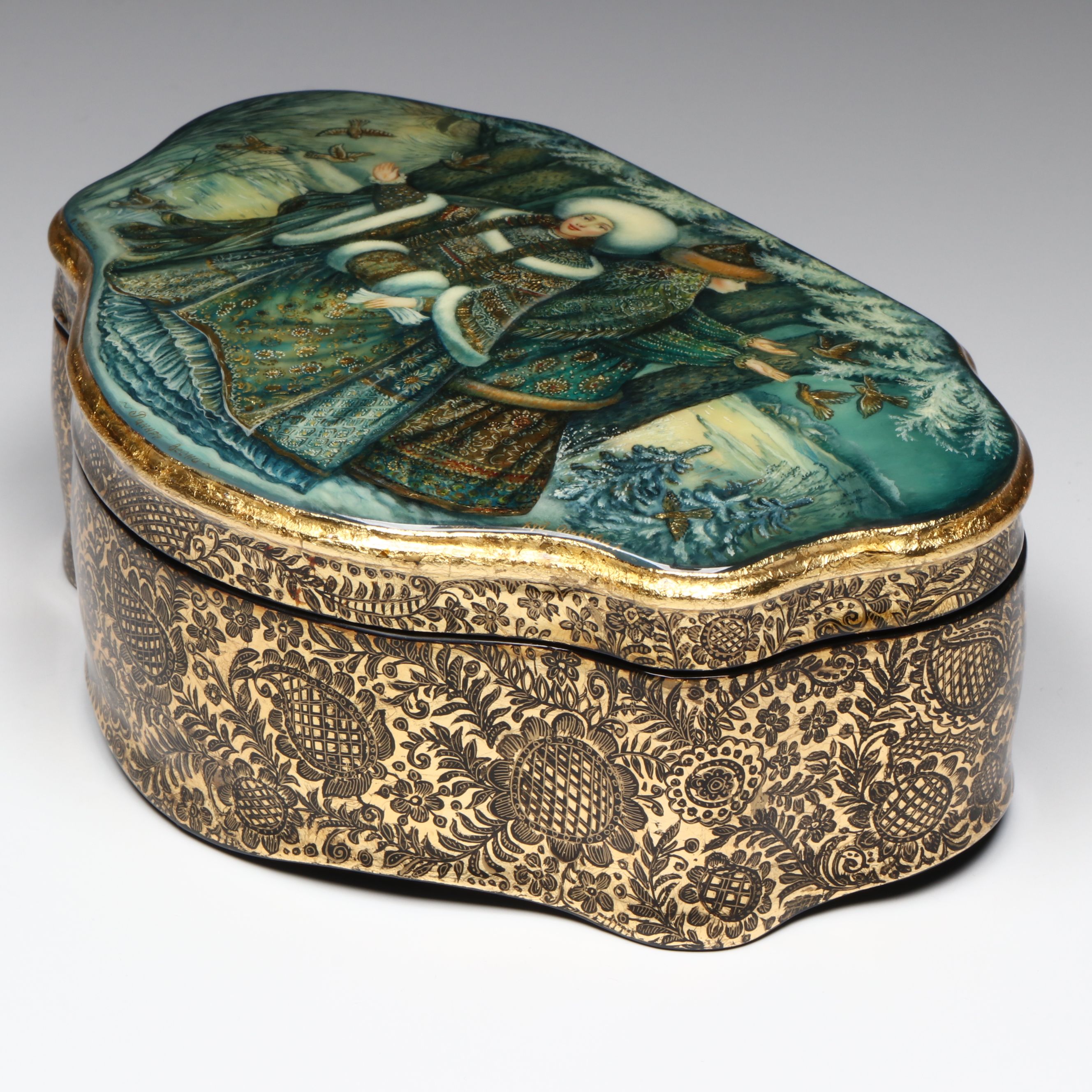 Russian Fedoskino Hand-Painted Woman with Birds Lacquerware Box
