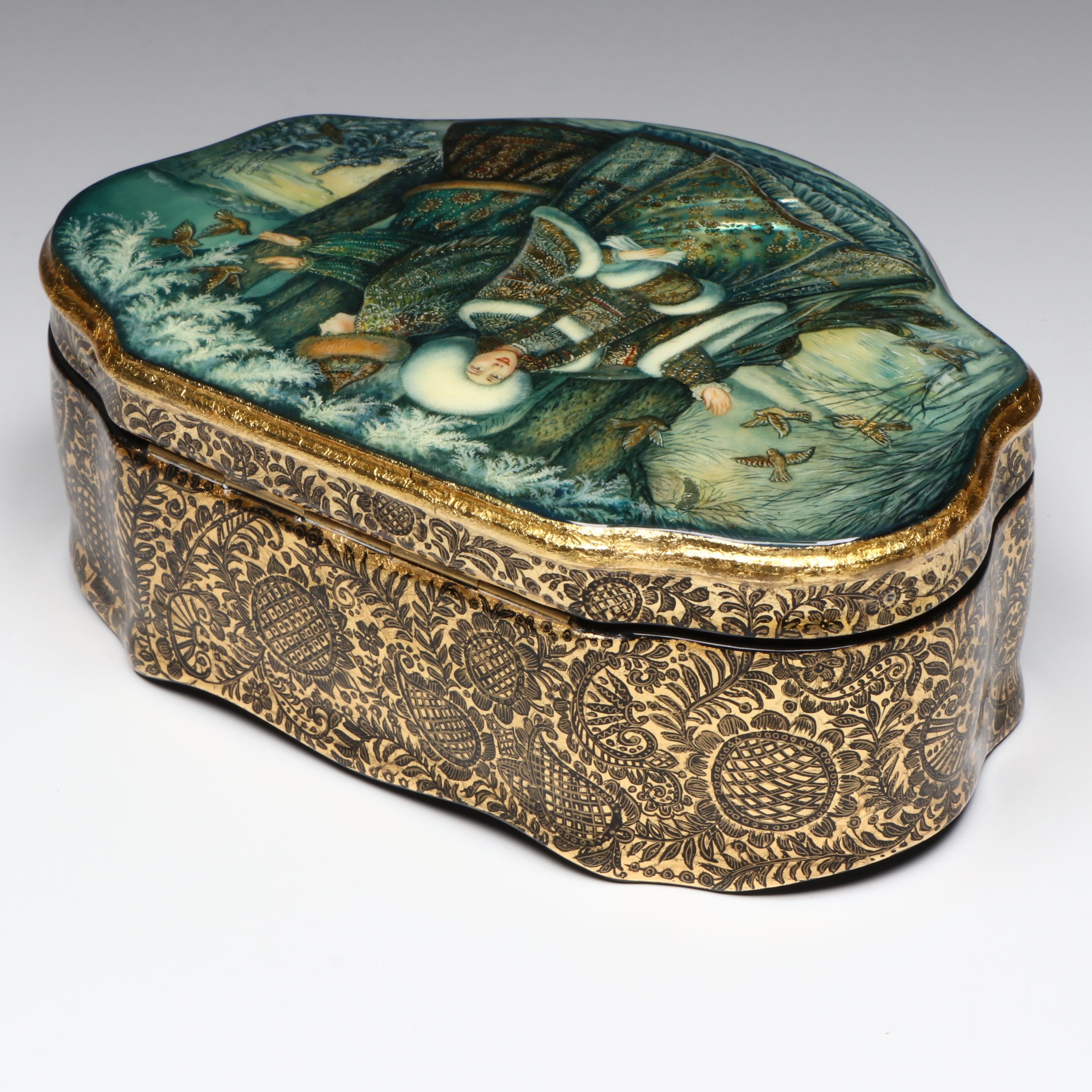 Russian Fedoskino Hand-Painted Woman with Birds Lacquerware Box