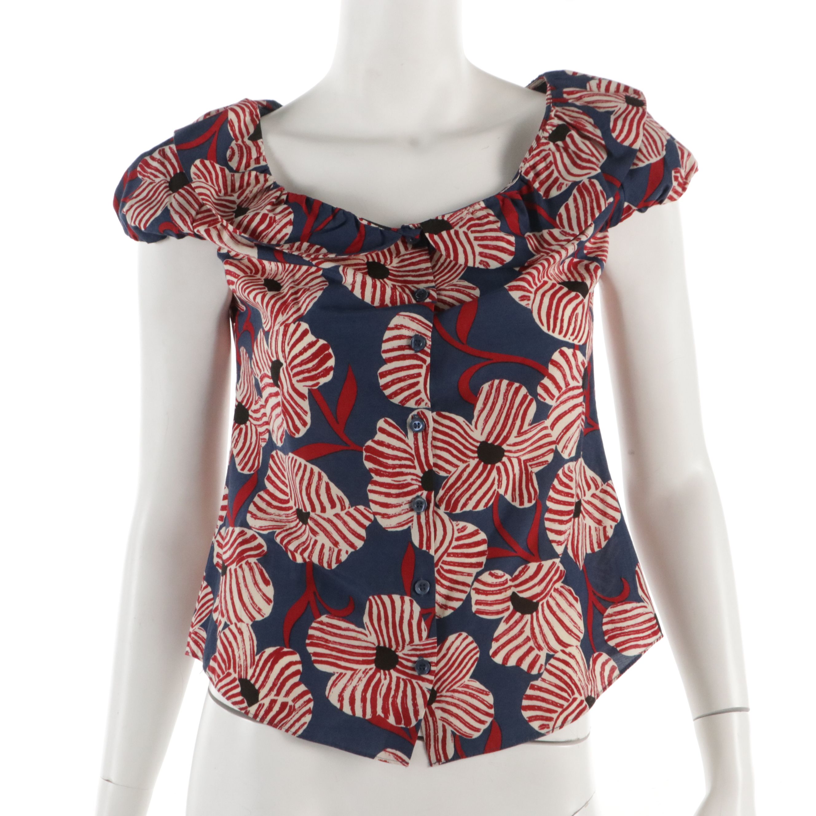 Moschino Cheap and Chic Floral Print Cotton and Silk Blend Ruffled Top