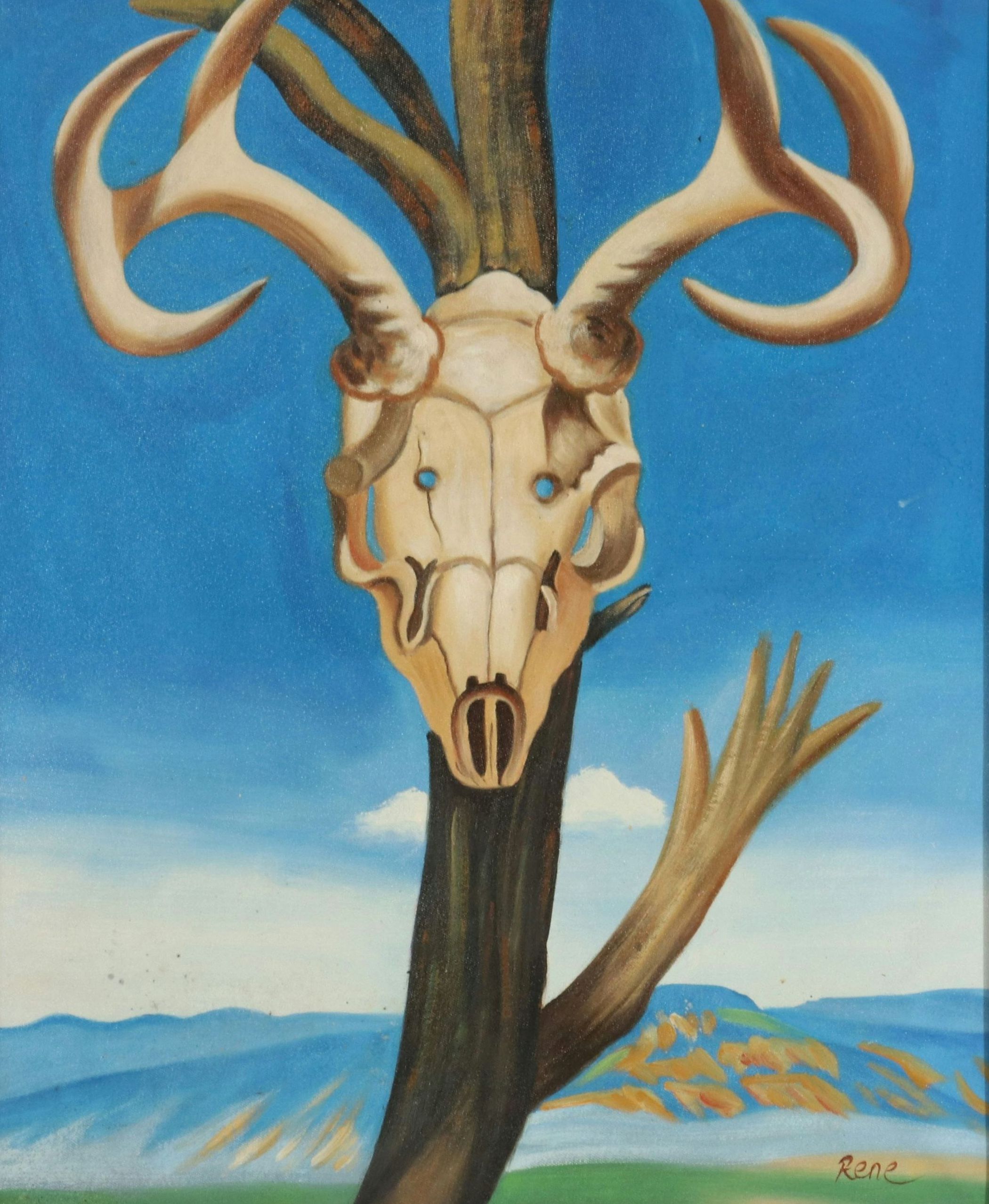 After Georgia O'Keeffe Oil Painting Copy "Deer Skull with Pedernal," 21st C.