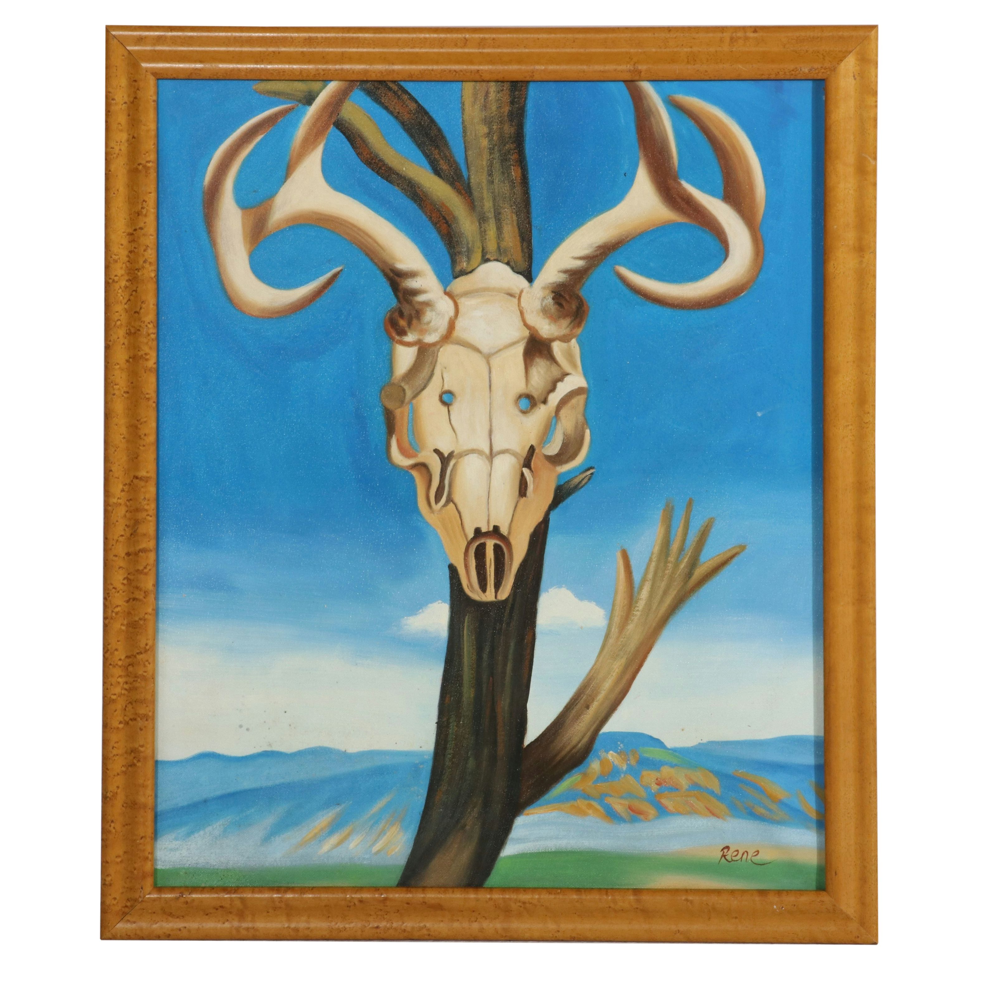 After Georgia O'Keeffe Oil Painting Copy "Deer Skull with Pedernal," 21st C.