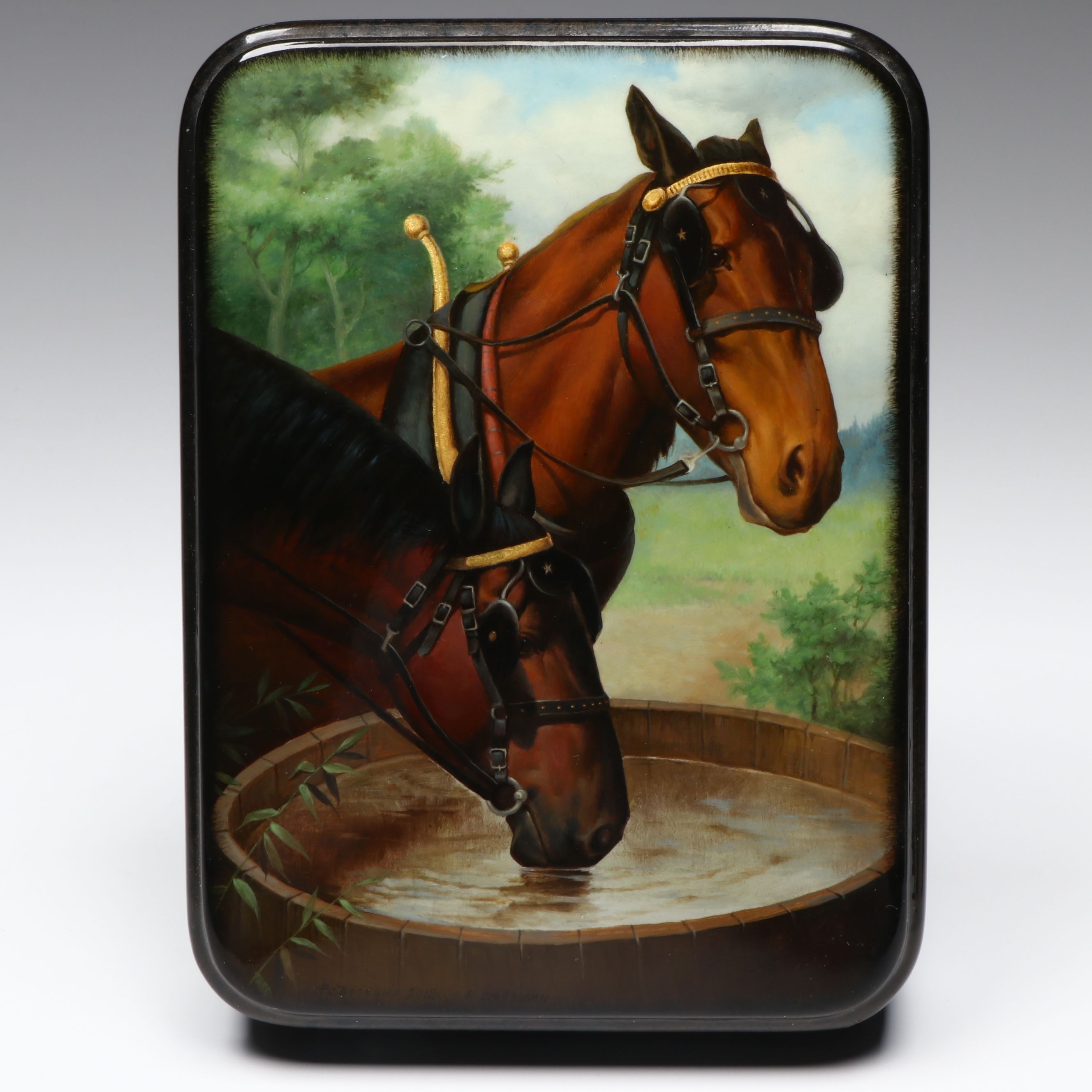 Russian Fedoskino Hand-Painted Equine Lacquerware Boxes