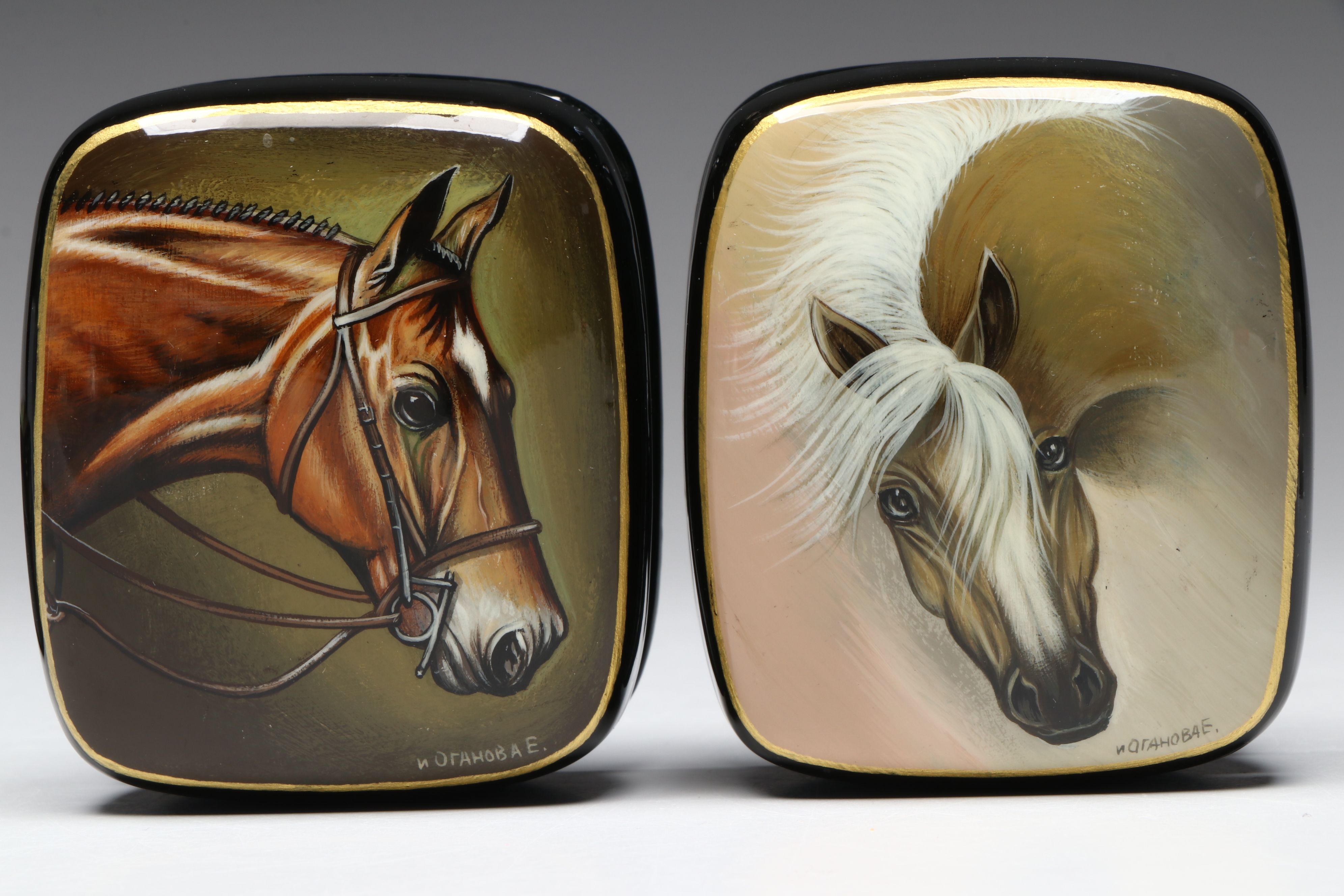 Russian Fedoskino Hand-Painted Equine Lacquerware Boxes
