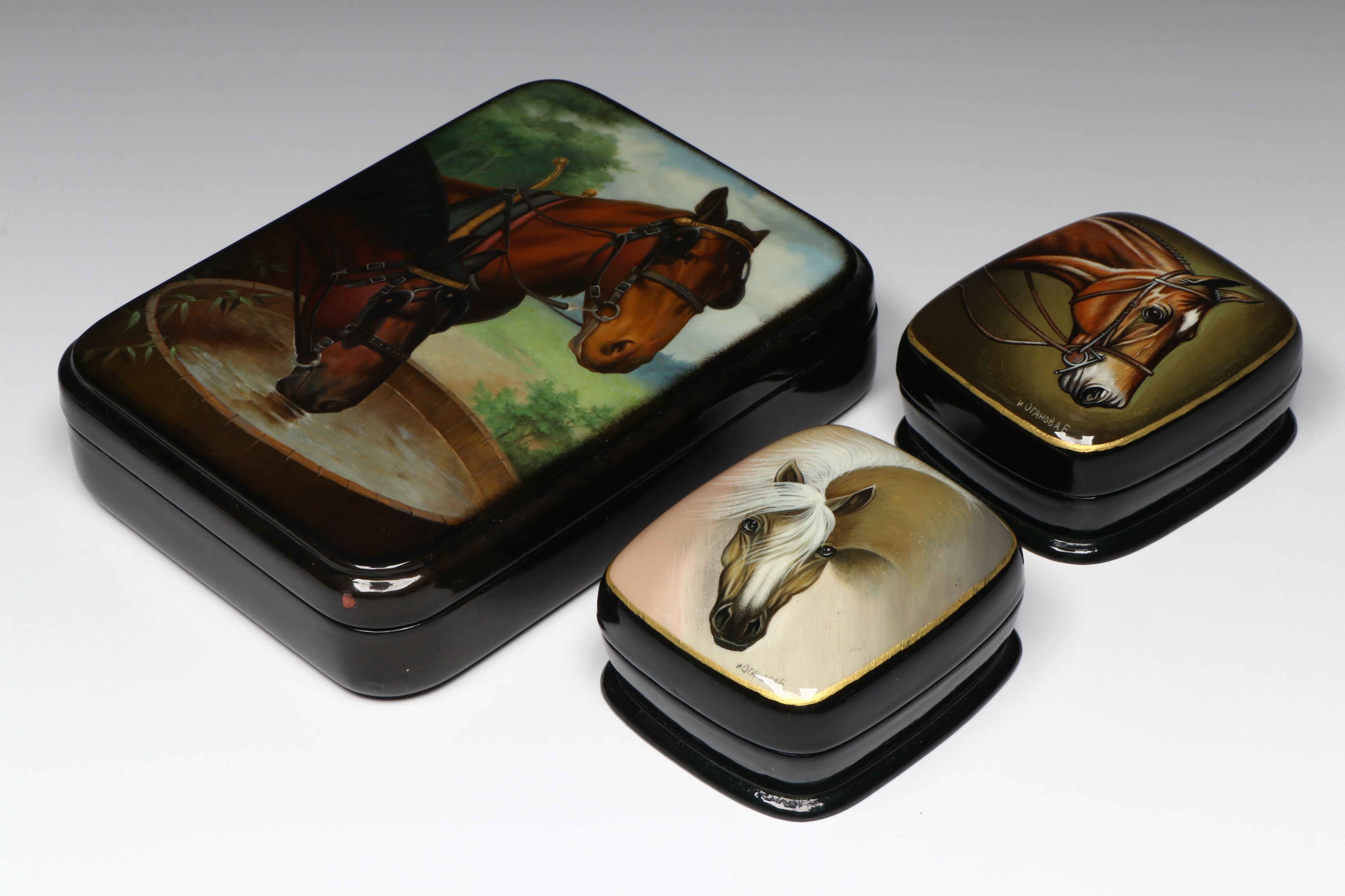 Russian Fedoskino Hand-Painted Equine Lacquerware Boxes