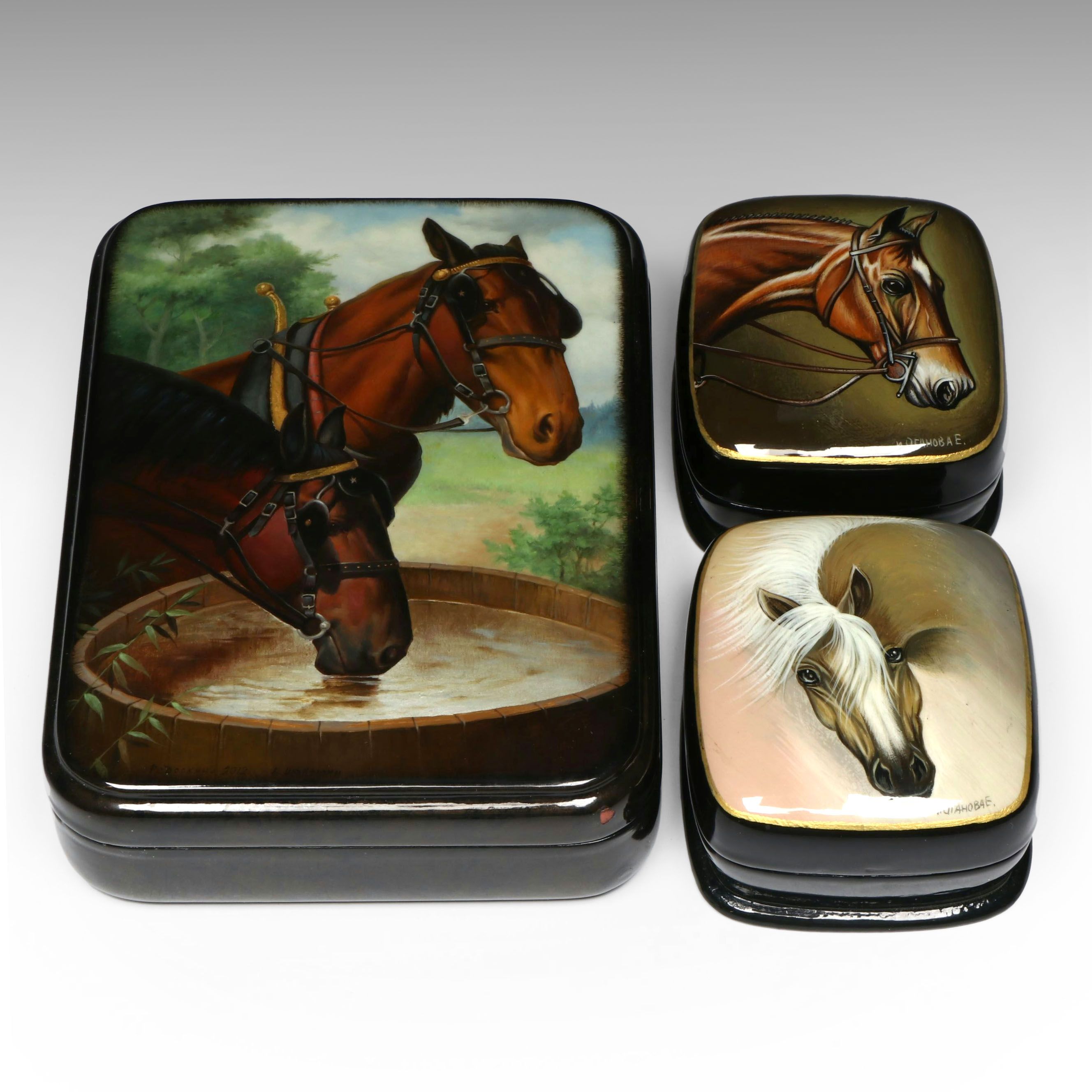 Russian Fedoskino Hand-Painted Equine Lacquerware Boxes
