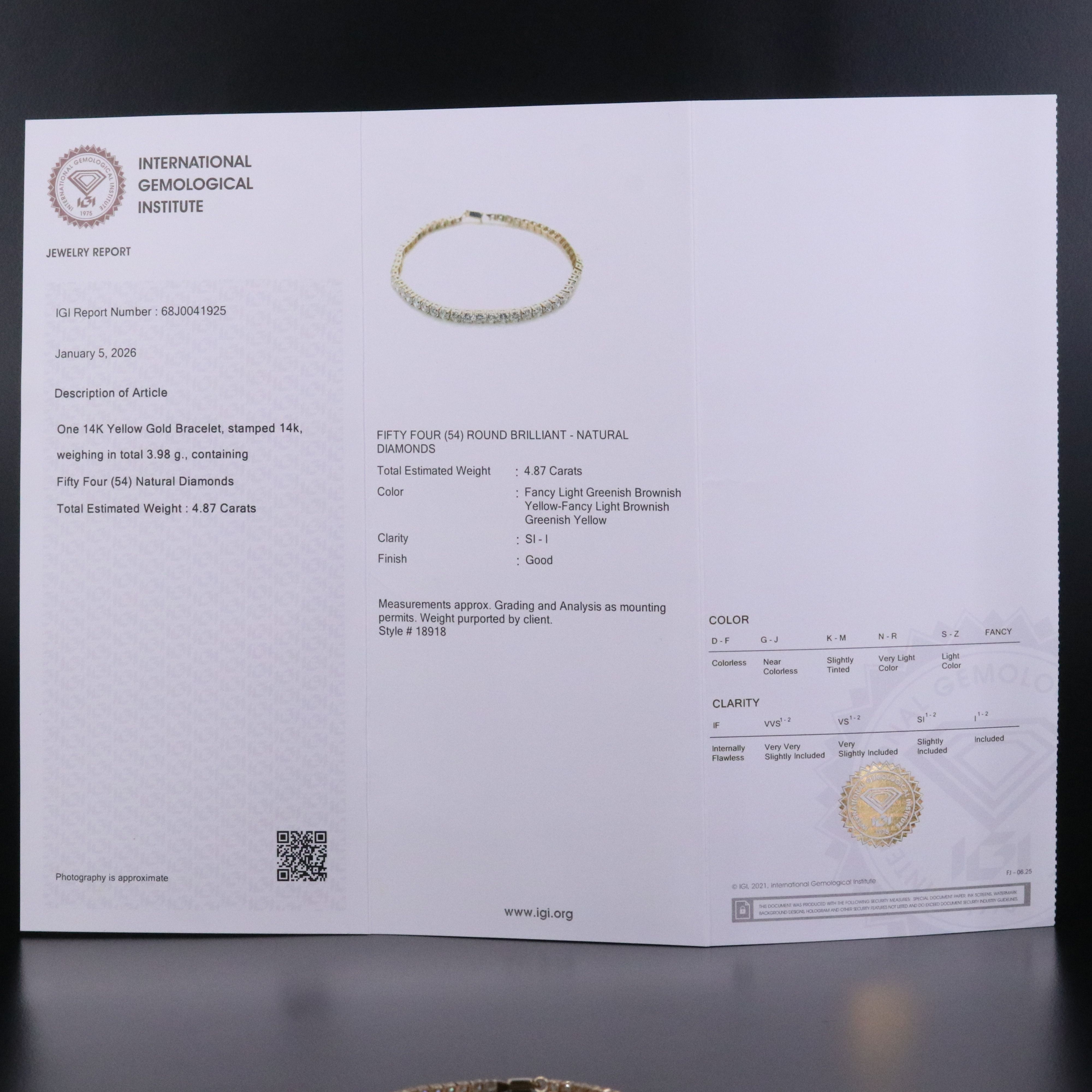 14K 4.87 CTW Fancy Color Diamond Line Bracelet with IGI Jewelry Report