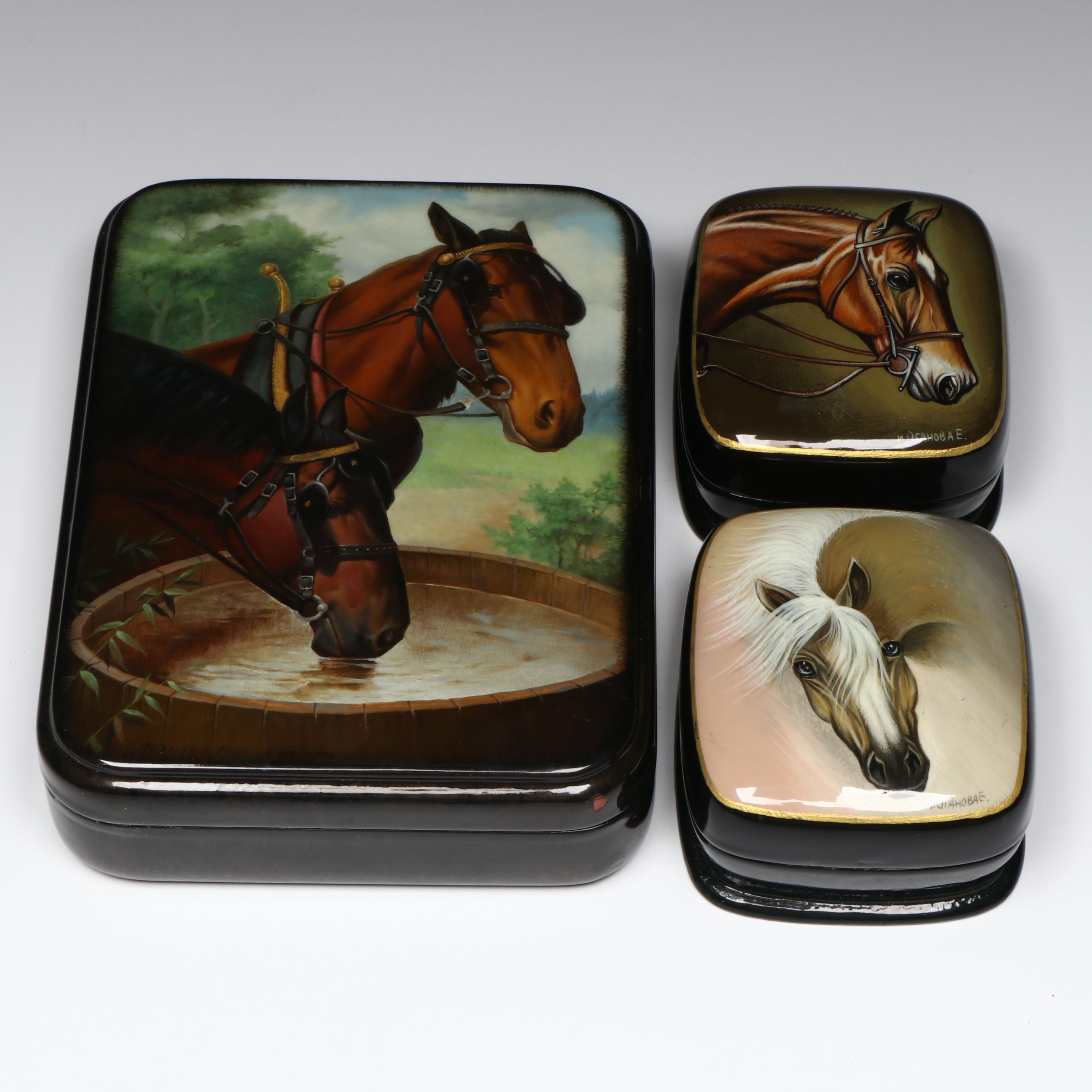 Russian Fedoskino Hand-Painted Equine Lacquerware Boxes