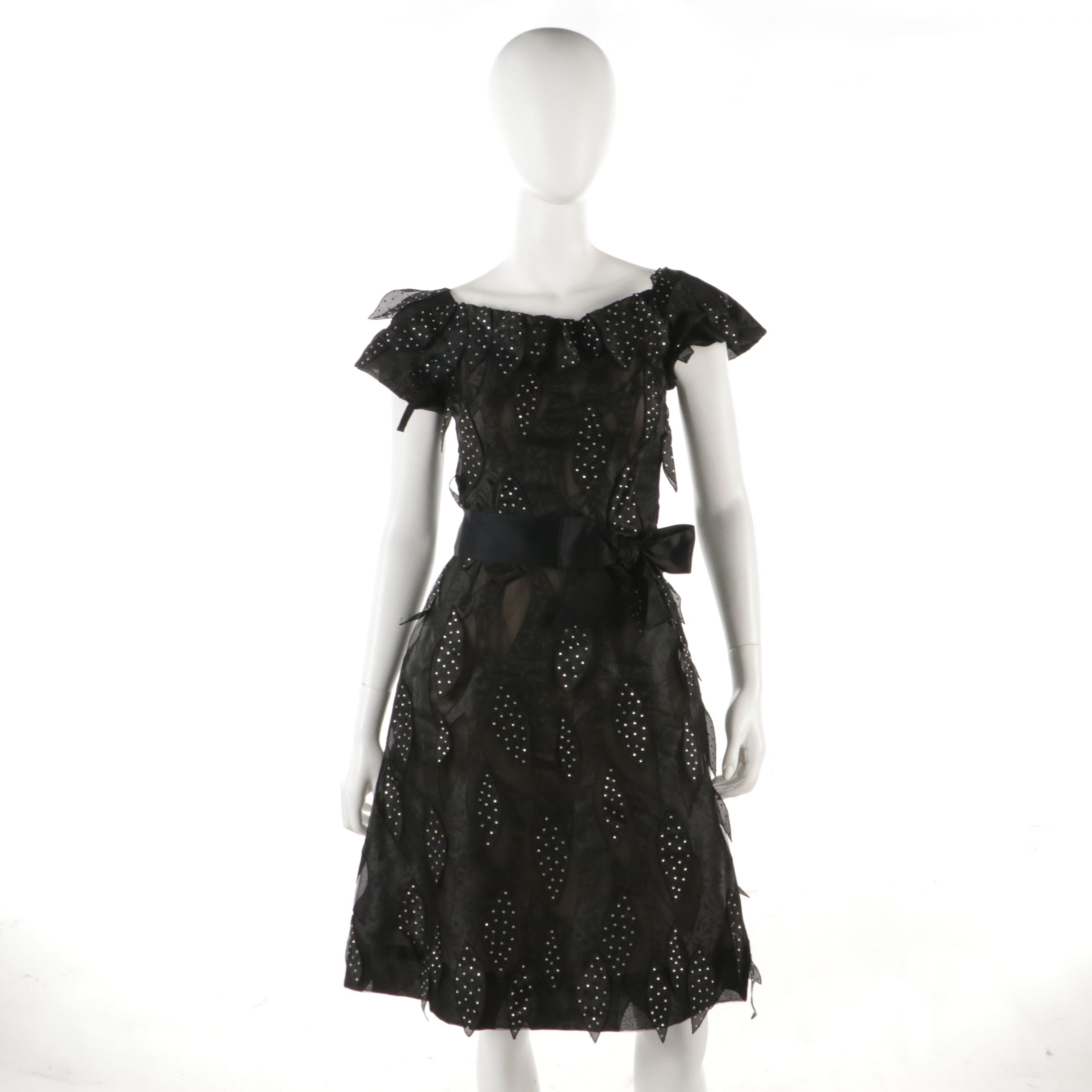 Arnold Scaasi Vintage Embellished Leaf Applique Off-The-Shoulder Cocktail Dress