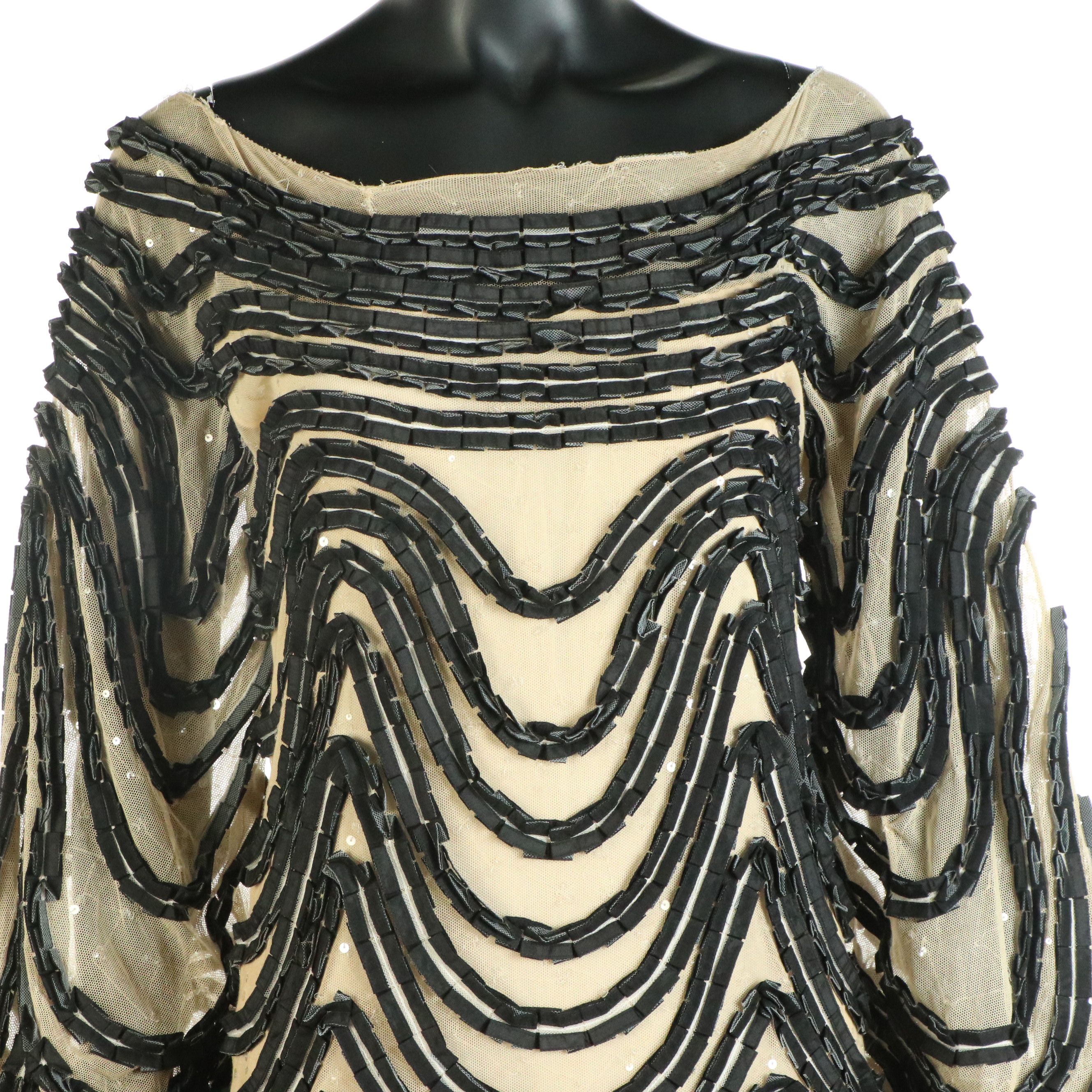 Carolina Herrera Black Wave and Sequined Mesh Long Sleeve Shift Dress