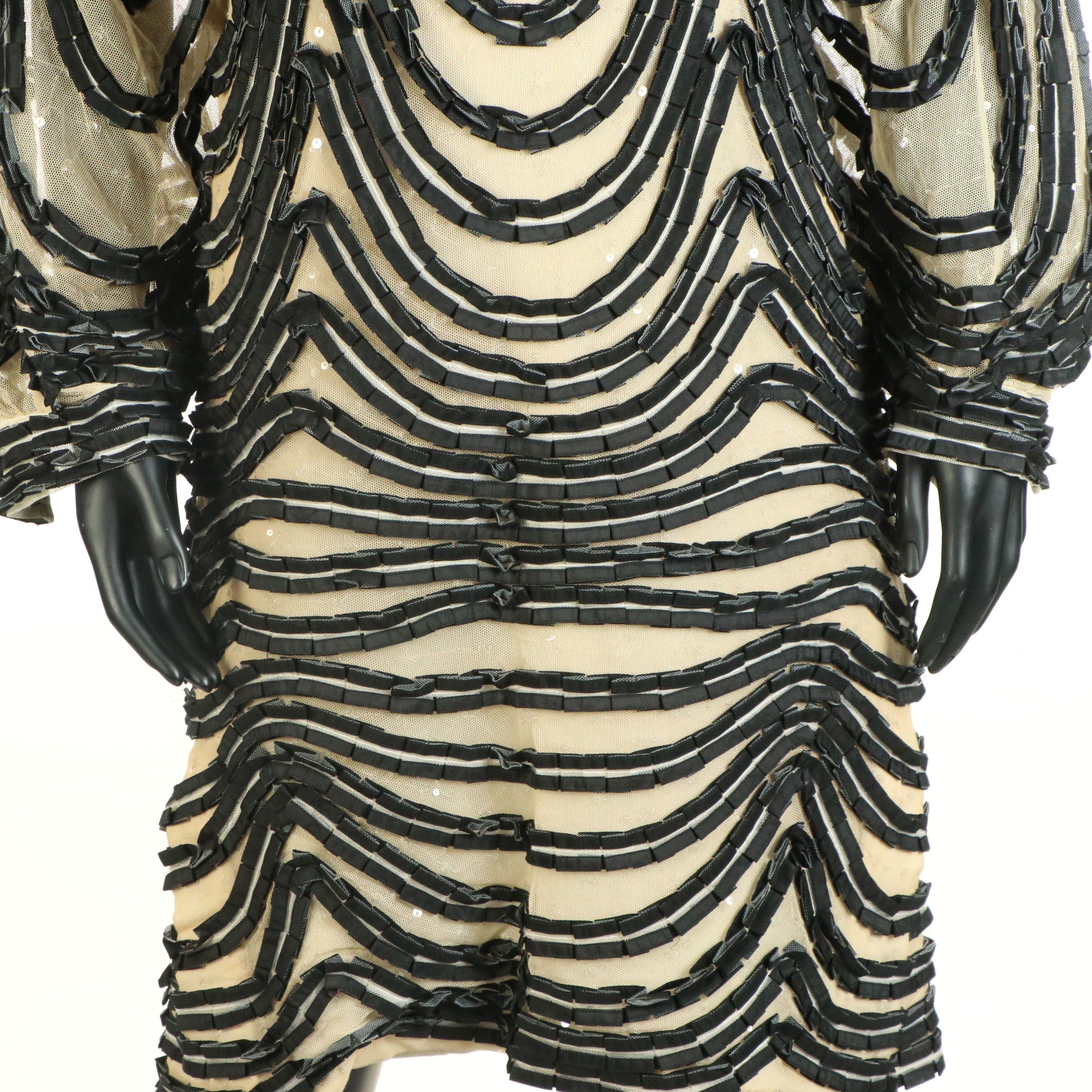 Carolina Herrera Black Wave and Sequined Mesh Long Sleeve Shift Dress