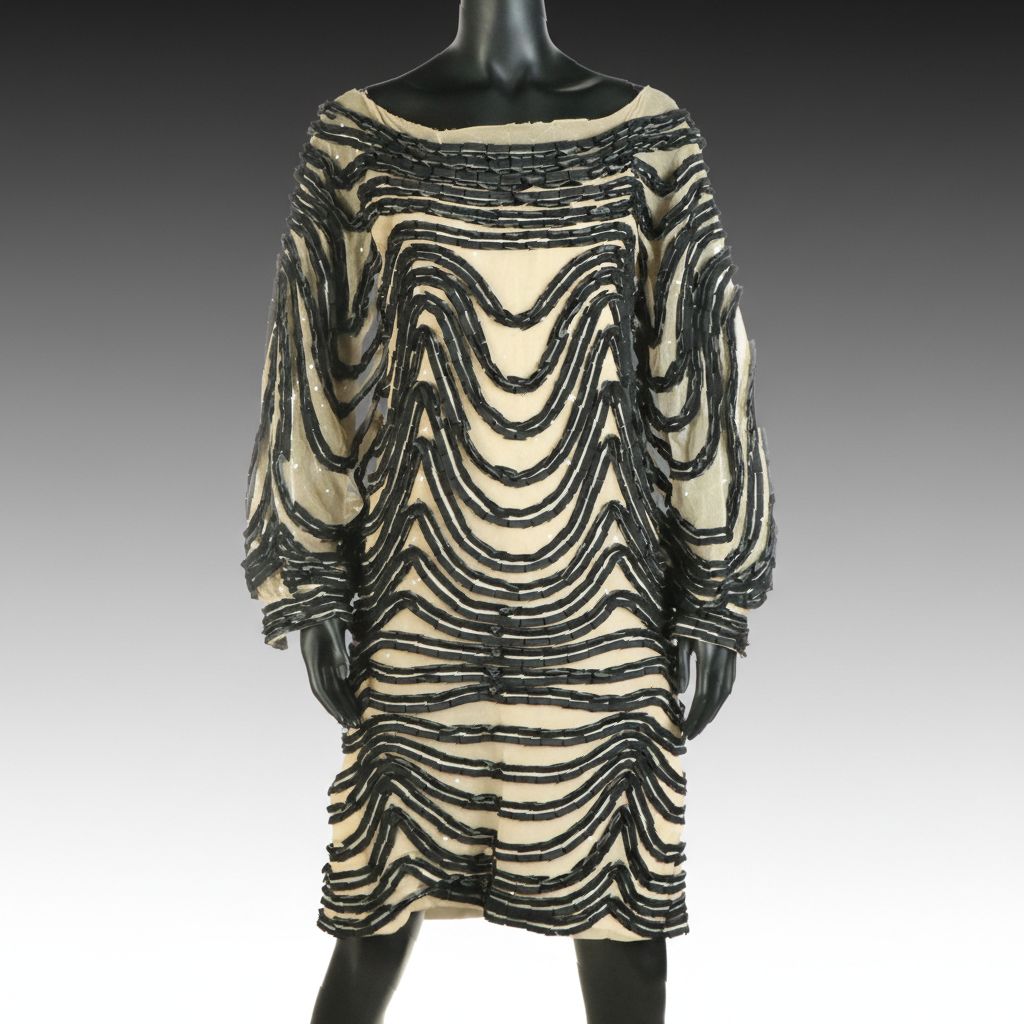 Carolina Herrera Black Wave and Sequined Mesh Long Sleeve Shift Dress