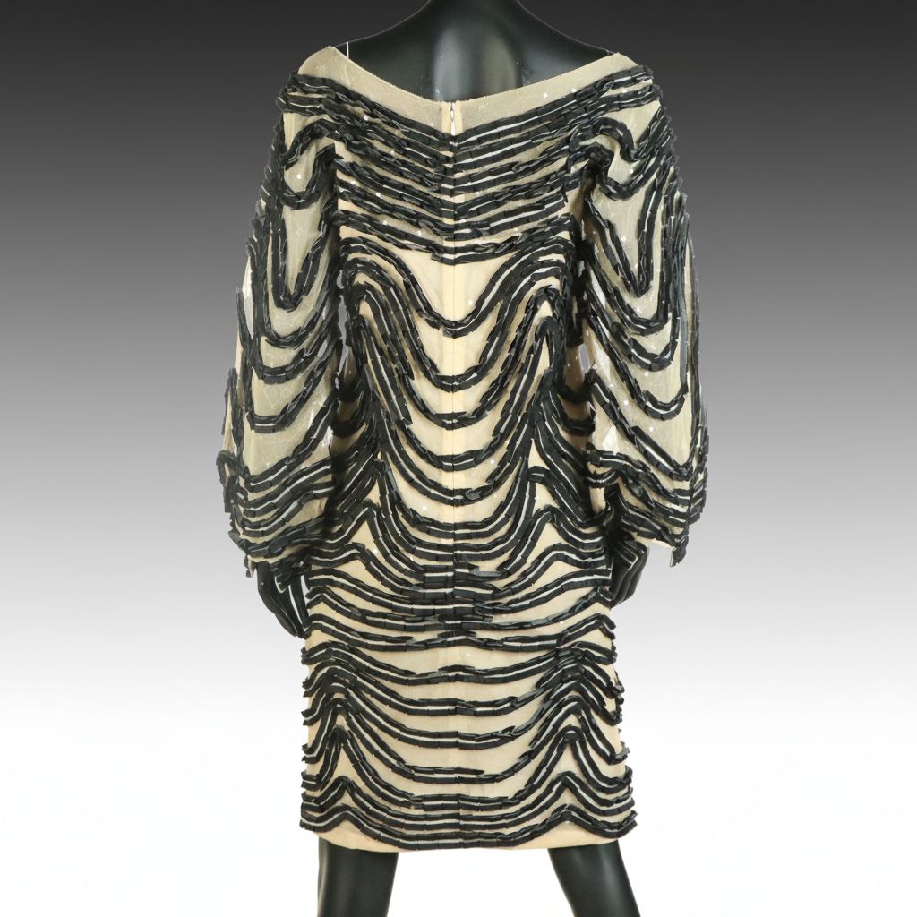 Carolina Herrera Black Wave and Sequined Mesh Long Sleeve Shift Dress