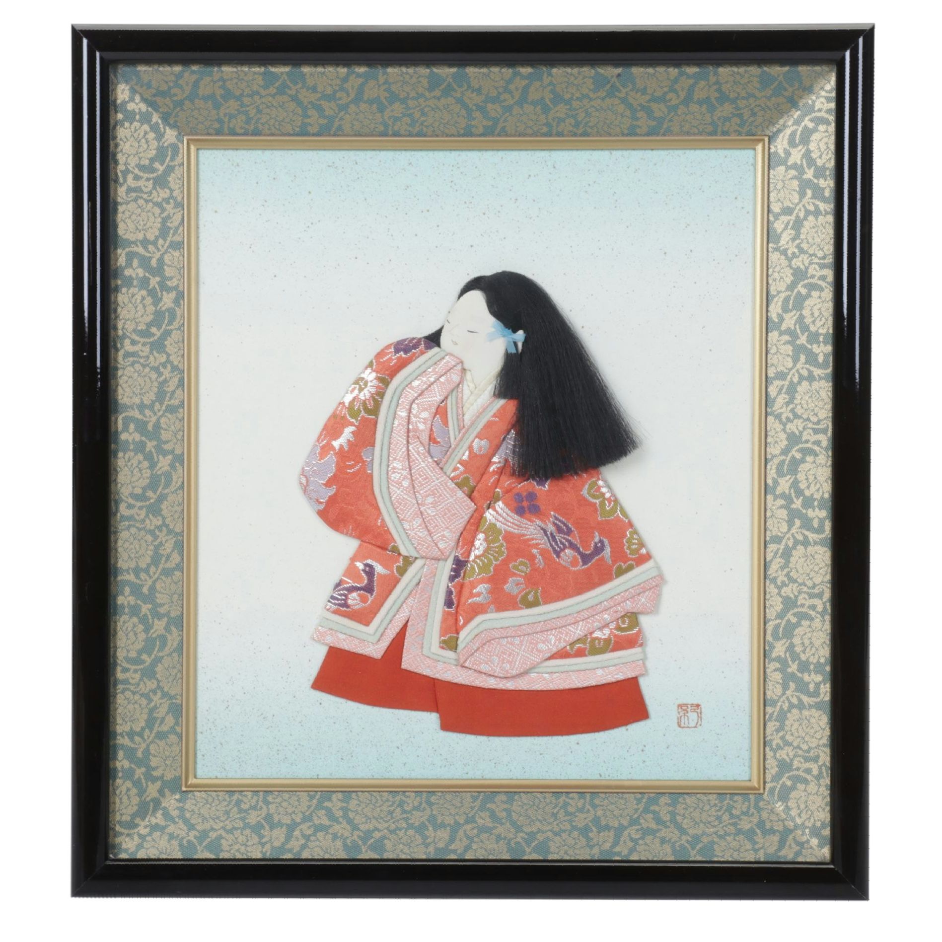 Japanese Handmade Oshi-e Silk Figure of Adolescent Girl,  Late 20th Century