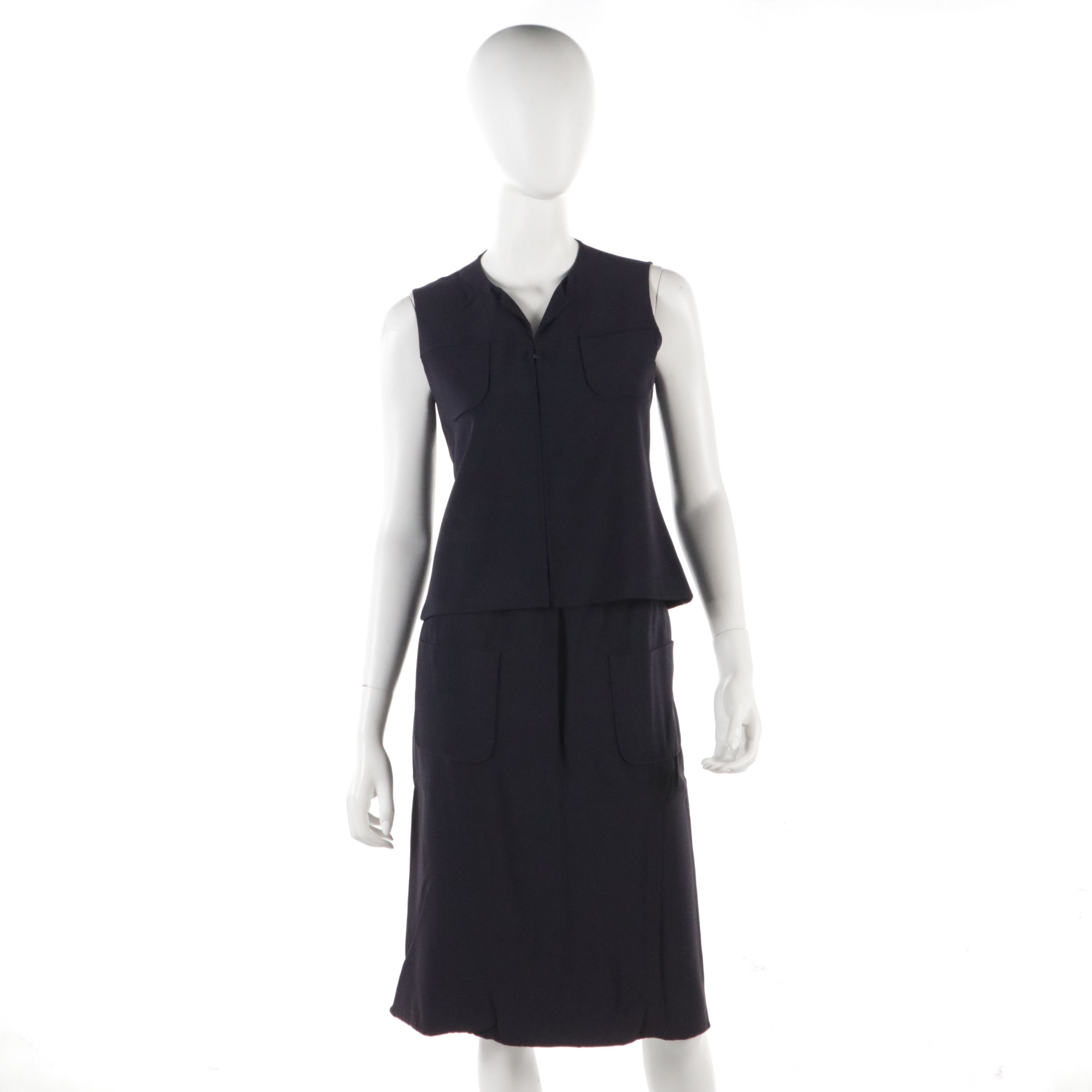 Valentino Couture Navy Blue Silk Blend Sleeveless Vest and Pencil Skirt Set